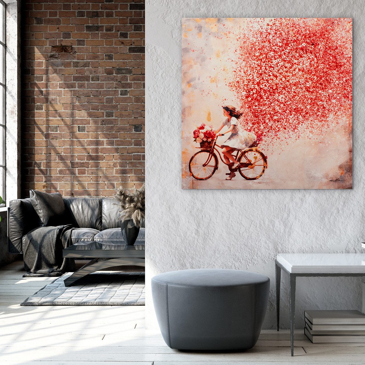 ArtUniverse Gemälde Blumenrad 100x100 cm, rotes Fahrrad