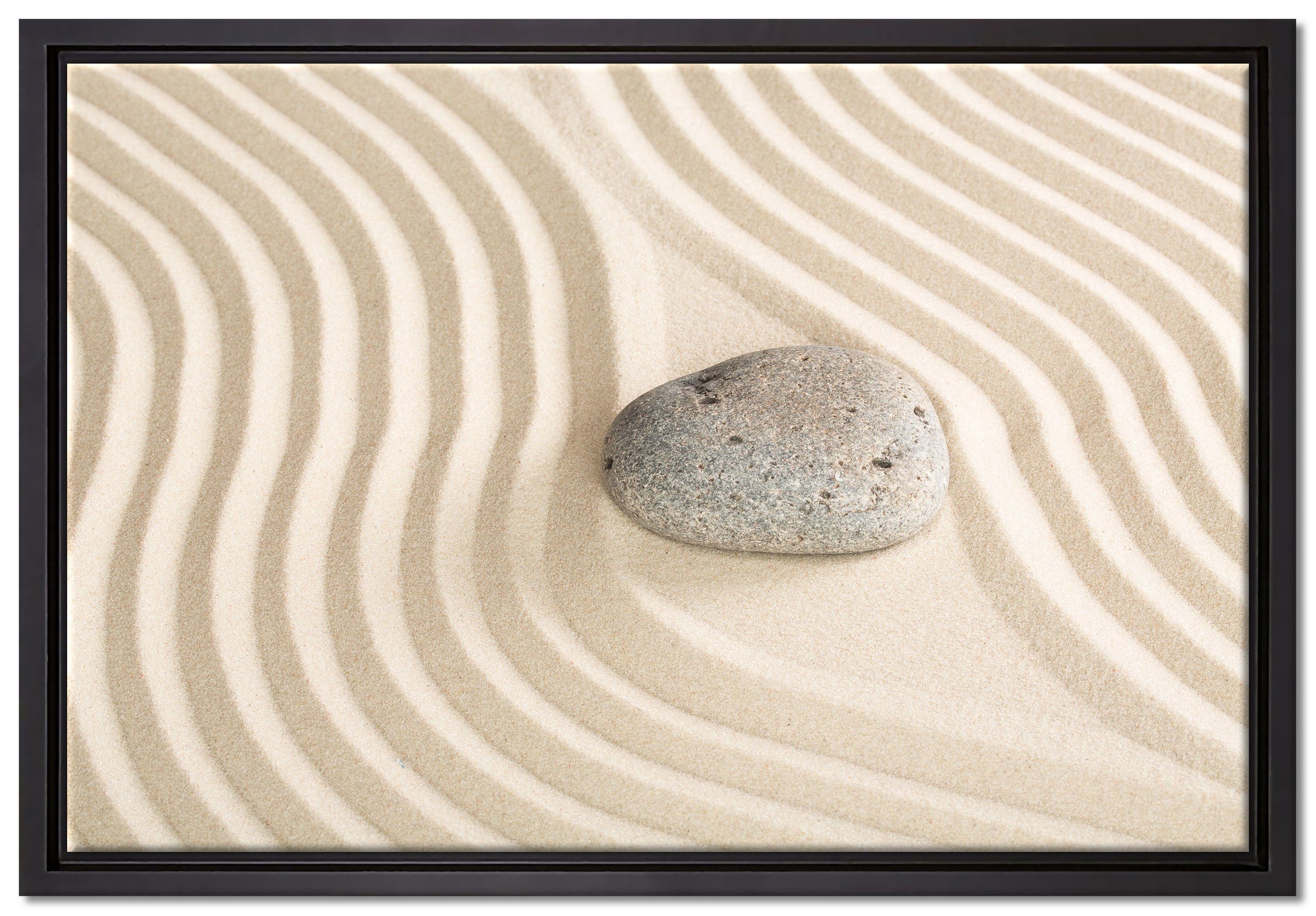 Pixxprint Leinwandbild Steine in Sand mit Muster, Wanddekoration (1 St), Leinwandbild fertig bespannt, in einem Schattenfugen-Bilderrahmen gefasst, inkl. Zackenaufhänger