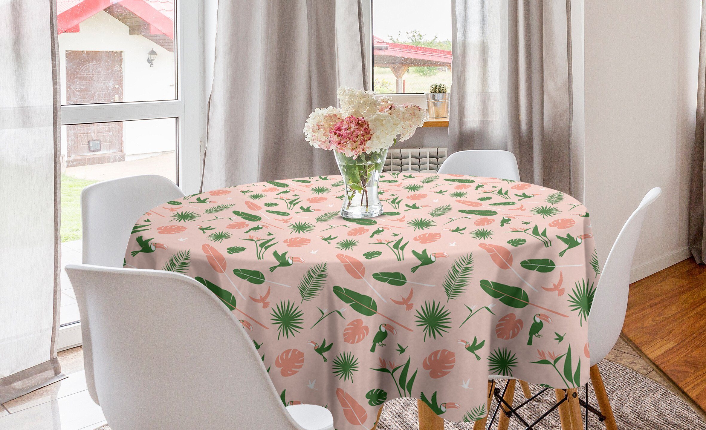 Abakuhaus Tischdecke Kreis Tischdecke Abdeckung für Esszimmer Küche Dekoration, hawaiisch Dschungel Tukane und Pflanzen