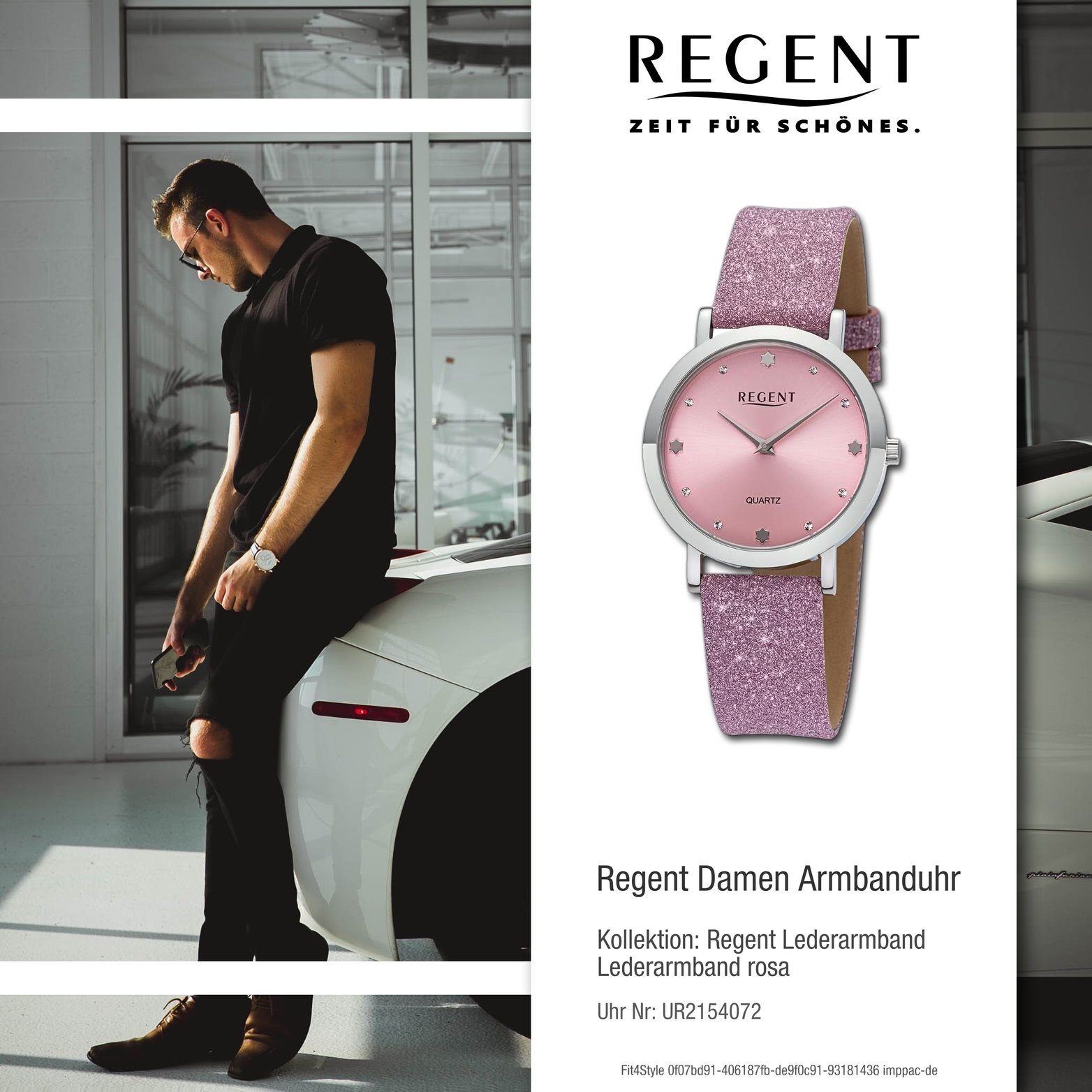 extra Quarzuhr Damen rundes Regent rosa, Damenuhr (ca. Armbanduhr 32,5mm) Regent groß Lederarmband Gehäuse, Analog,