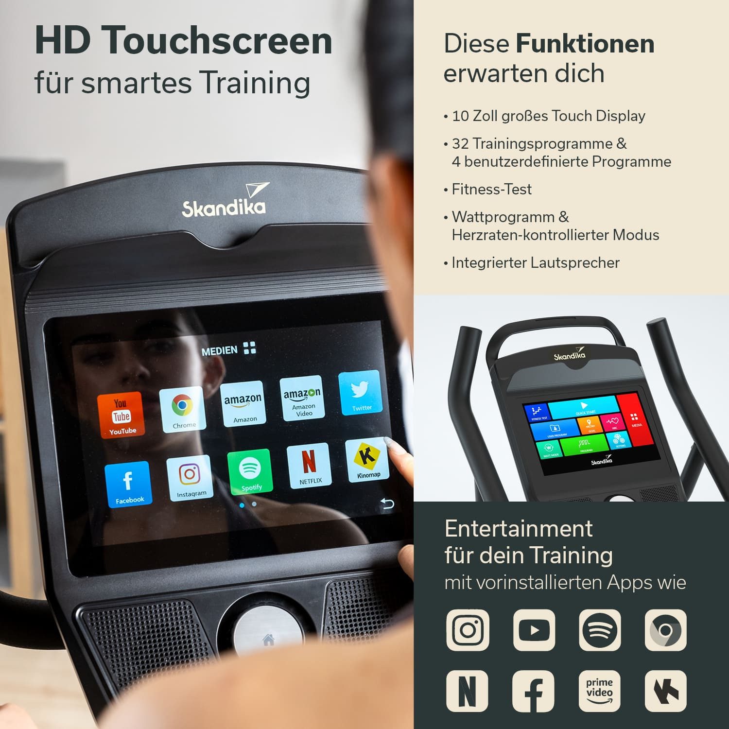 Skandika Heimtrainer Cykling P14 Touchscreen, Multimedia-Computer, Transportrollen, bis 150 kg, Bluetooth, App-Verbindung, Kinomap