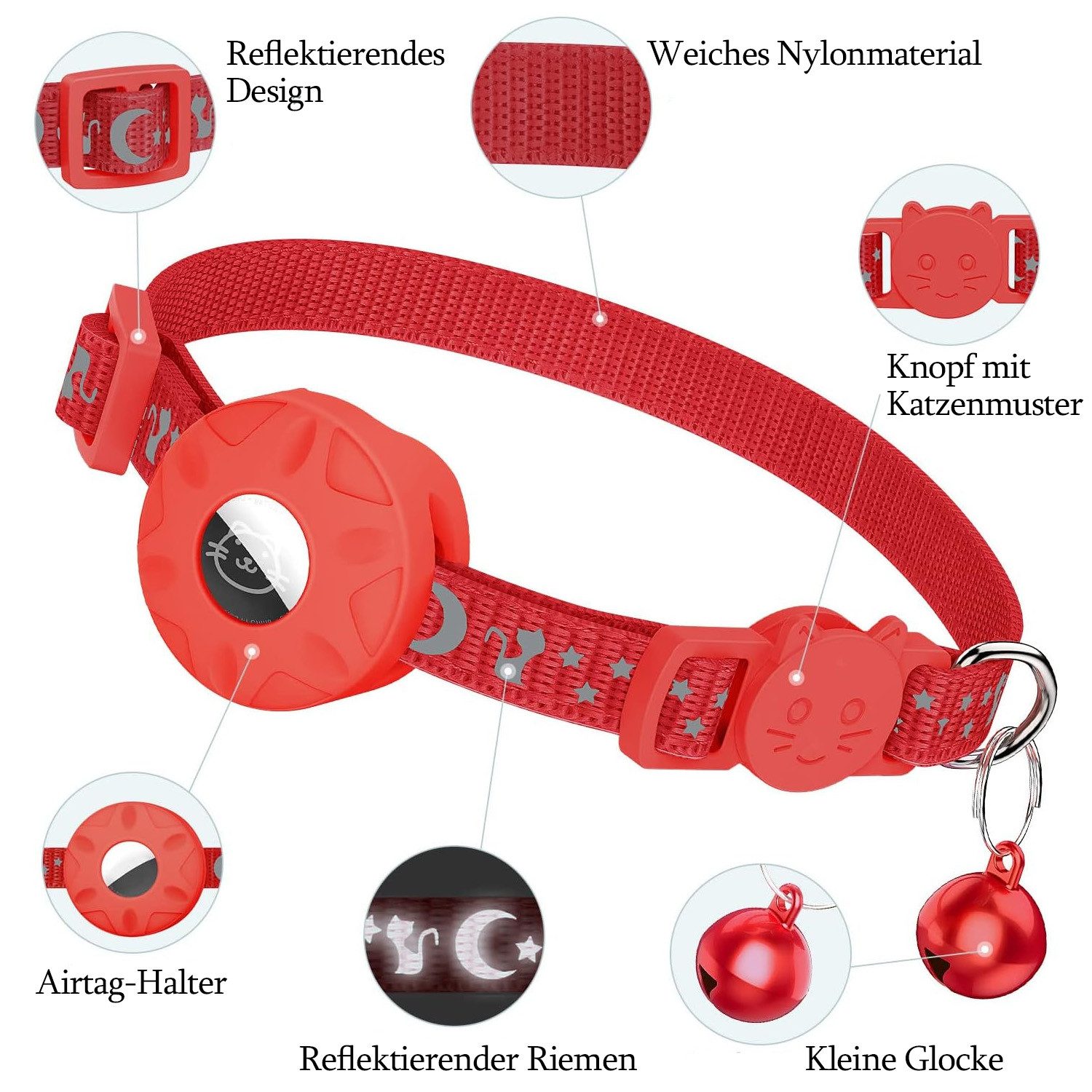 TUWENA Katzen-Halsband Airtag Katzenhalsband Reflektierendes mit Glocke, Sicherheitsschnalle, mit AirTag Halter und Glocke