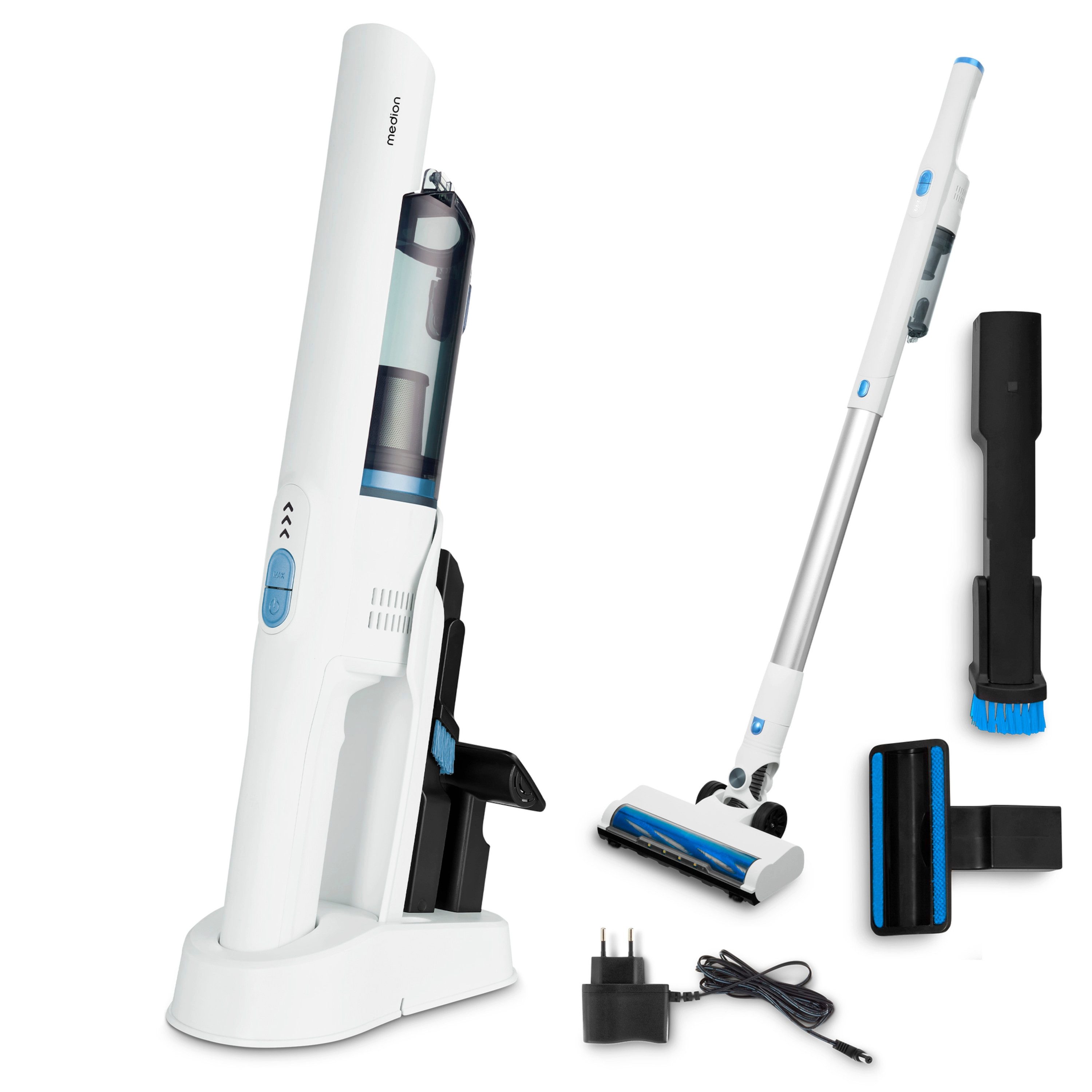 Medion® Handstaubsauger mit Saugrohr und Bodenbürste 2in1 (MD11515), 200 W, beutellos, Akku, kabellos, fürs Auto, HEPA-13-Filter, mit Ladestation