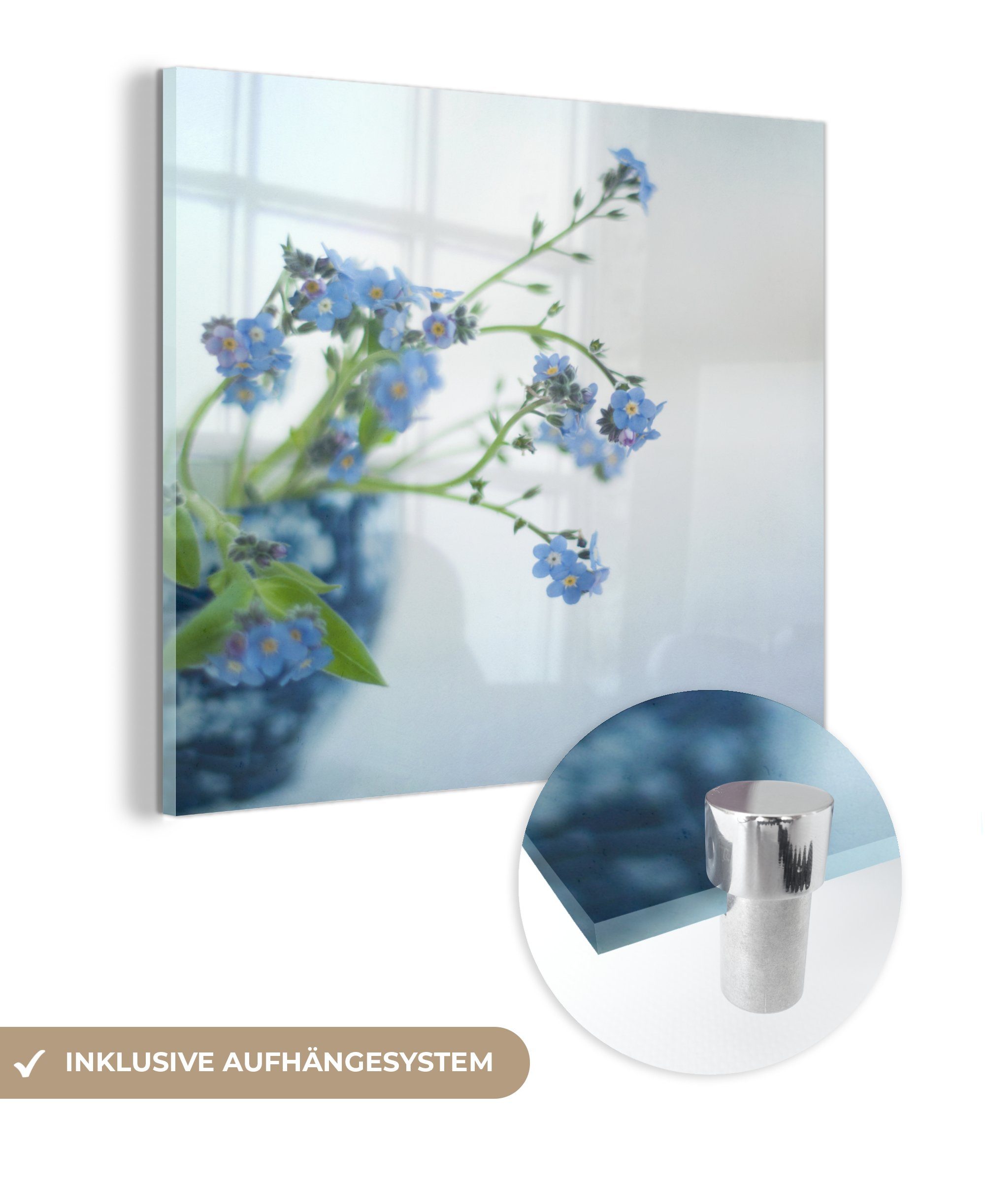 MuchoWow Acrylglasbild Vergissmeinnicht in einer Vase, (1 St), Glasbilder - Bilder auf Glas Wandbild - Foto auf Glas - Wanddekoration | Bilder