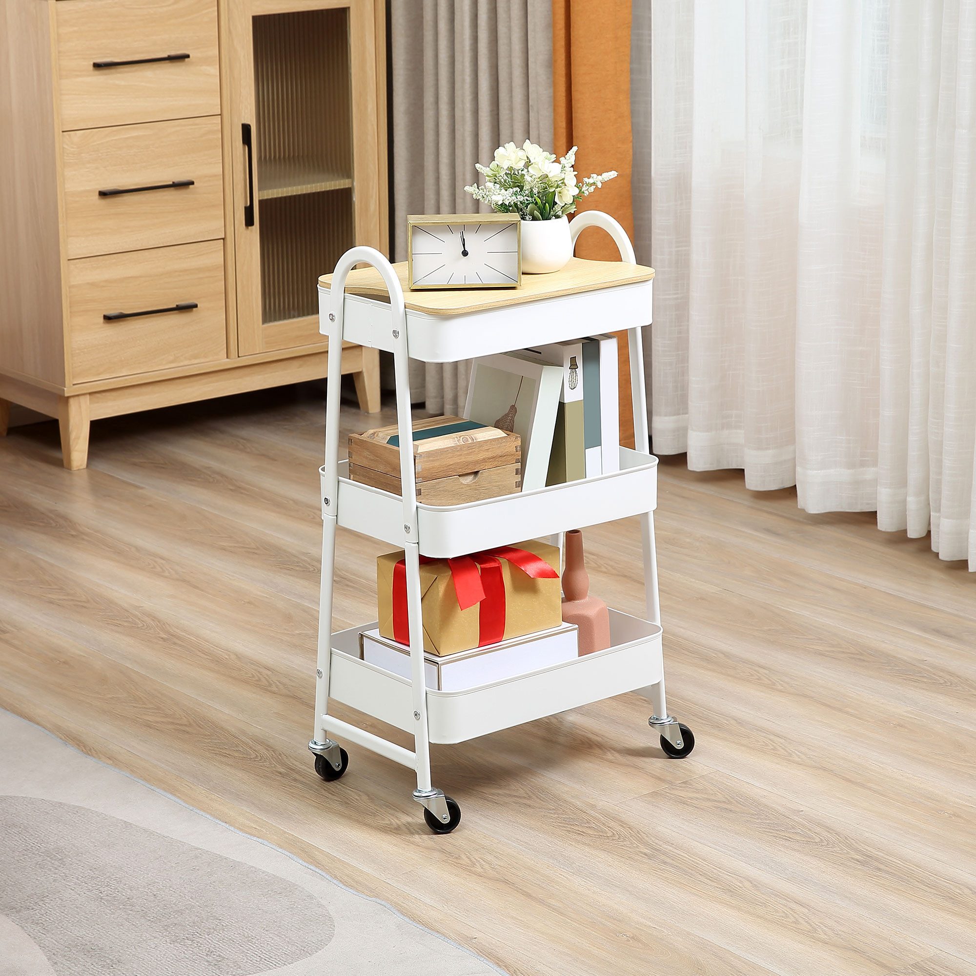 OKWISH Servierwagen Küchenwagen 3-Etagen Metallrollwagen mit großem Stauraum & Deckel, (Packung, 1 St), für Küche und Büro, Stahl weiß 45x31x79,4cm