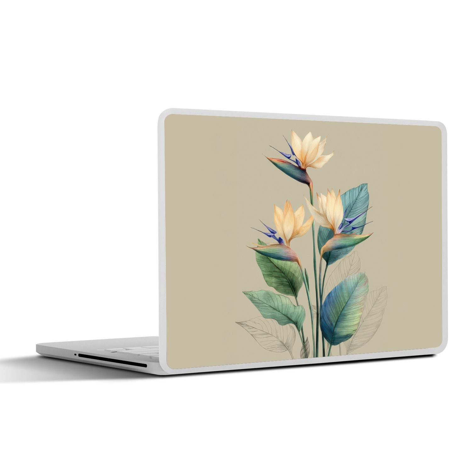 MuchoWow Laptop-Aufkleber Paradiesvogelblüten - Blaugrüne Blätter - Beige, (1tlg), Laptop Folien Cover, Наклейка, Sticker, Schutz vor Kratzern, 25x18 cm