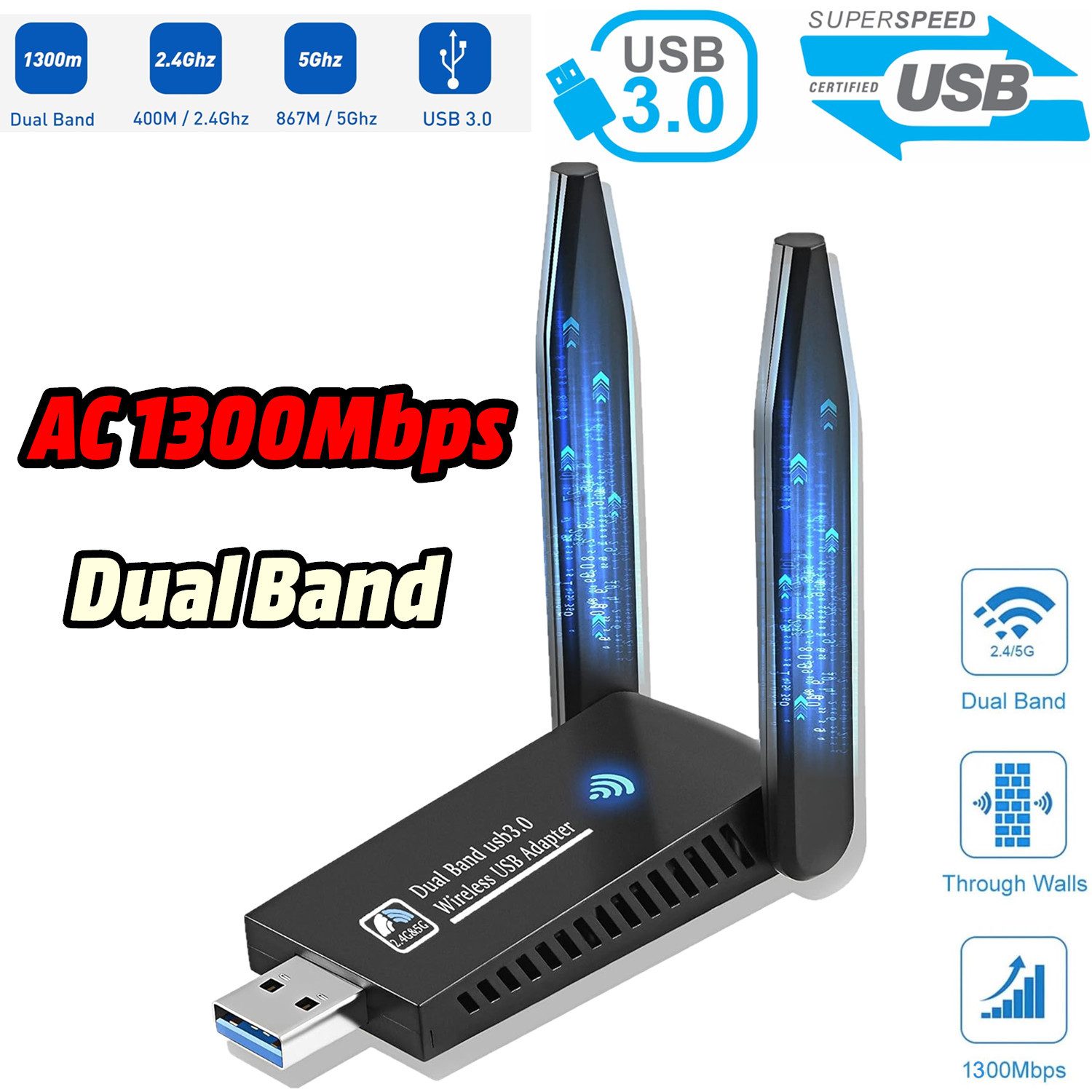 Olotos WLAN-Stick 1300Mbps USB WiFi AC Dongle Wireless Adapter Dual Band 2.4GHz 5GHz