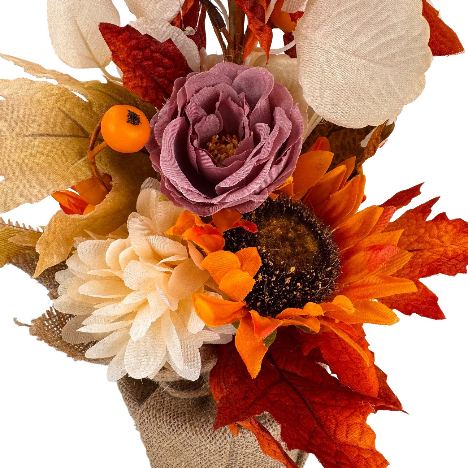 Online-Fuchs Dekobaum mit LED-Lichterkette, Blumen und Laubblättern - Herbstdeko (mit Sonnenblumen, Dahlien & Pfingstrosen, 60 cm hoch), inklusive praktischer 6-Stunden Timerfunktion