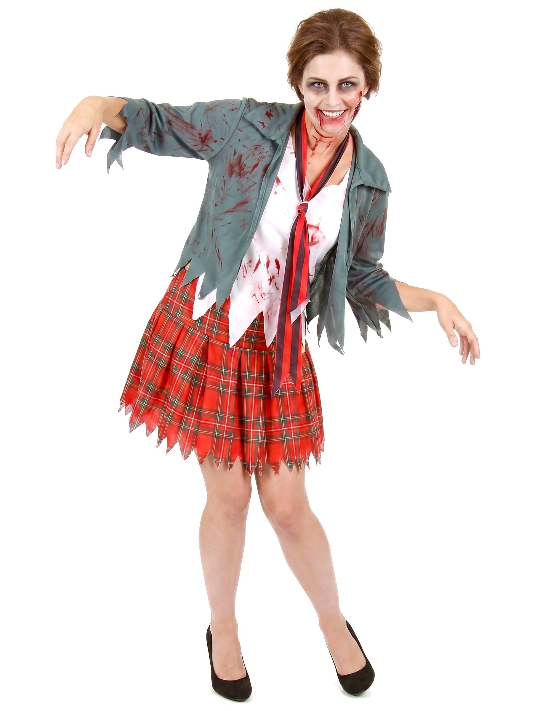 Kostüm Zombie Schülerin Halloween-Damenkostüm Uniform grau-weiss-rot