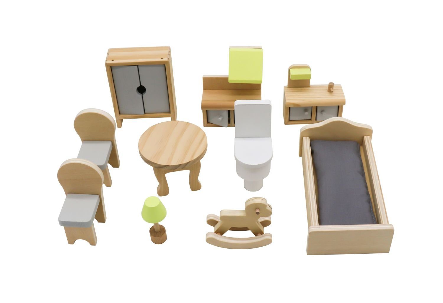 Coemo Puppenhaus ANNA, (möbliertes Puppenhaus Holz, 11-tlg), 3-stöckige Puppenstube aus Holz, komplett mit Möbel und Zubehör