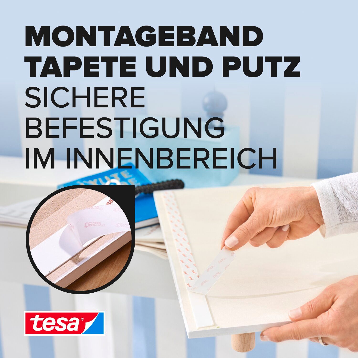 tesa Doppelklebeband POWERBOND Tapete, Putz Doppelseitiges Klebeband - 5 m : 19 mm (Packung, 1-St) Montageband extra stark - sichere Wandbefestigung ohne Bohren