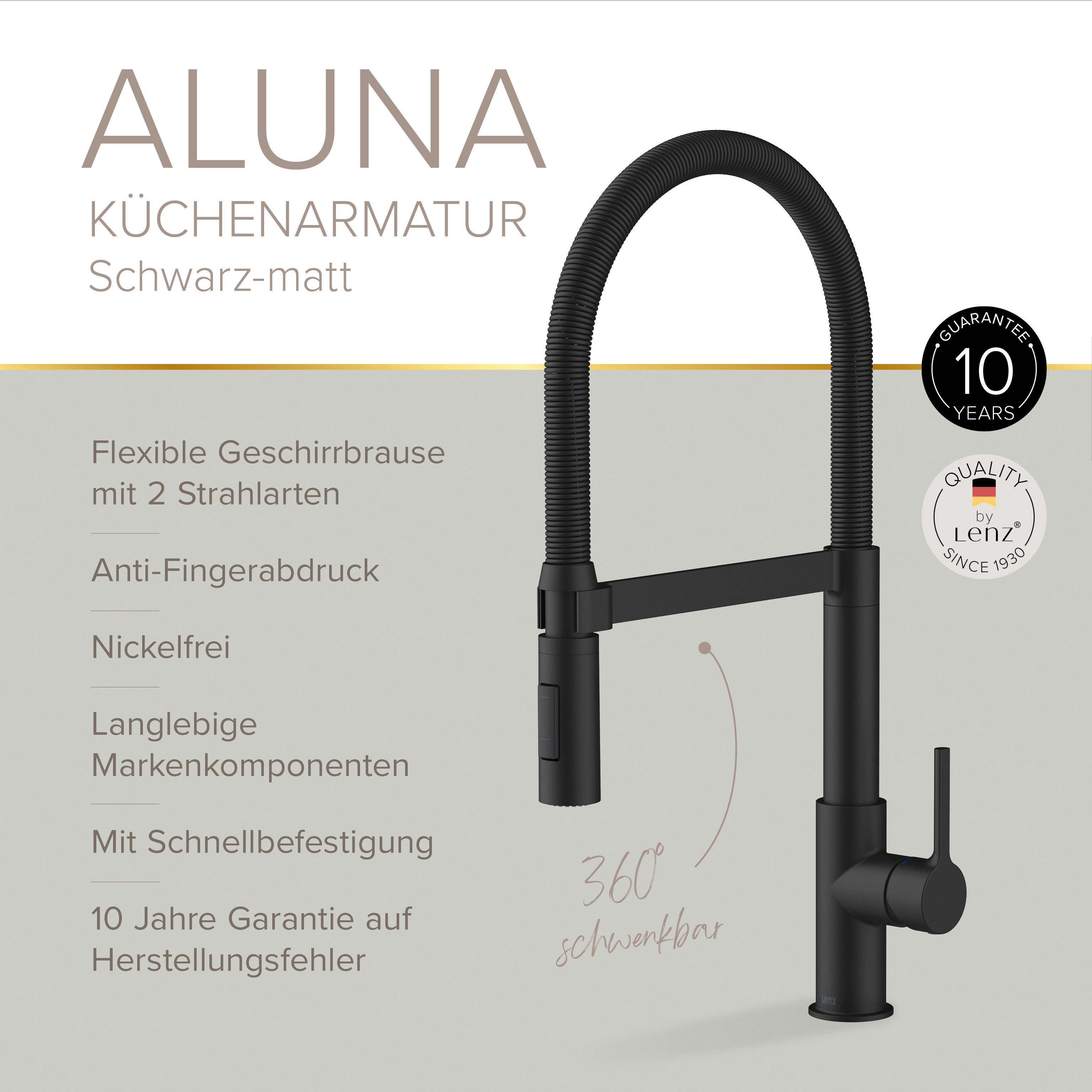 Lenz Küchenarmatur ALUNA mit Pendelbrause 2 Strahlarten, schwenkbar, flexible Brause Flexible Pendelbrause mit 2 Strahlarten