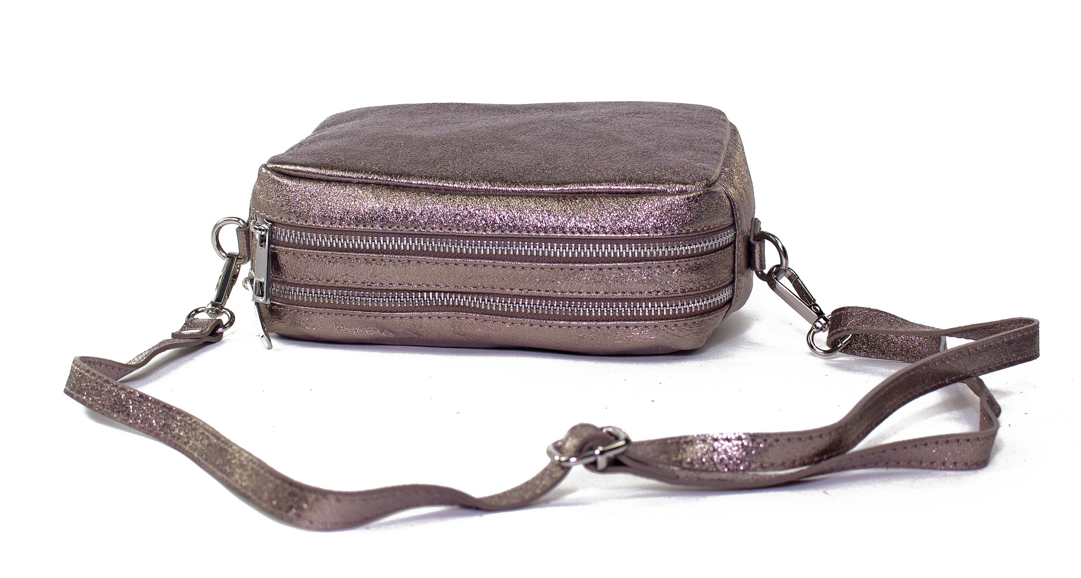 Umhängetasche Umhängetasche mit bronzemetallic Milenastely zwei Reißverschluß Echtleder Schultertasche