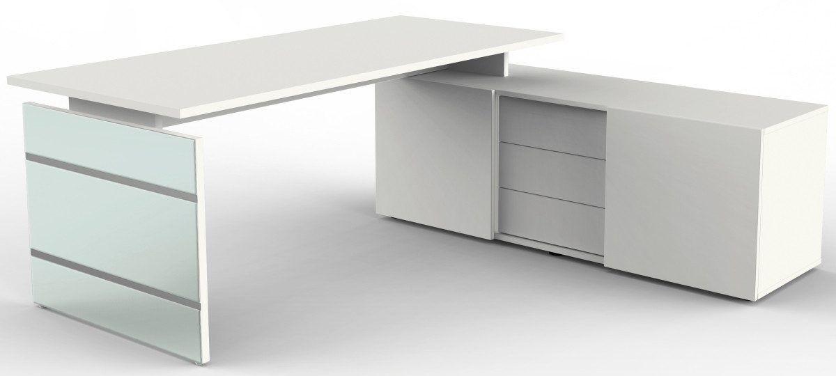 KERKMANN Schreibtisch Komplettarbeitsplatz Lugano Glas Tisch/Sideboard weiß