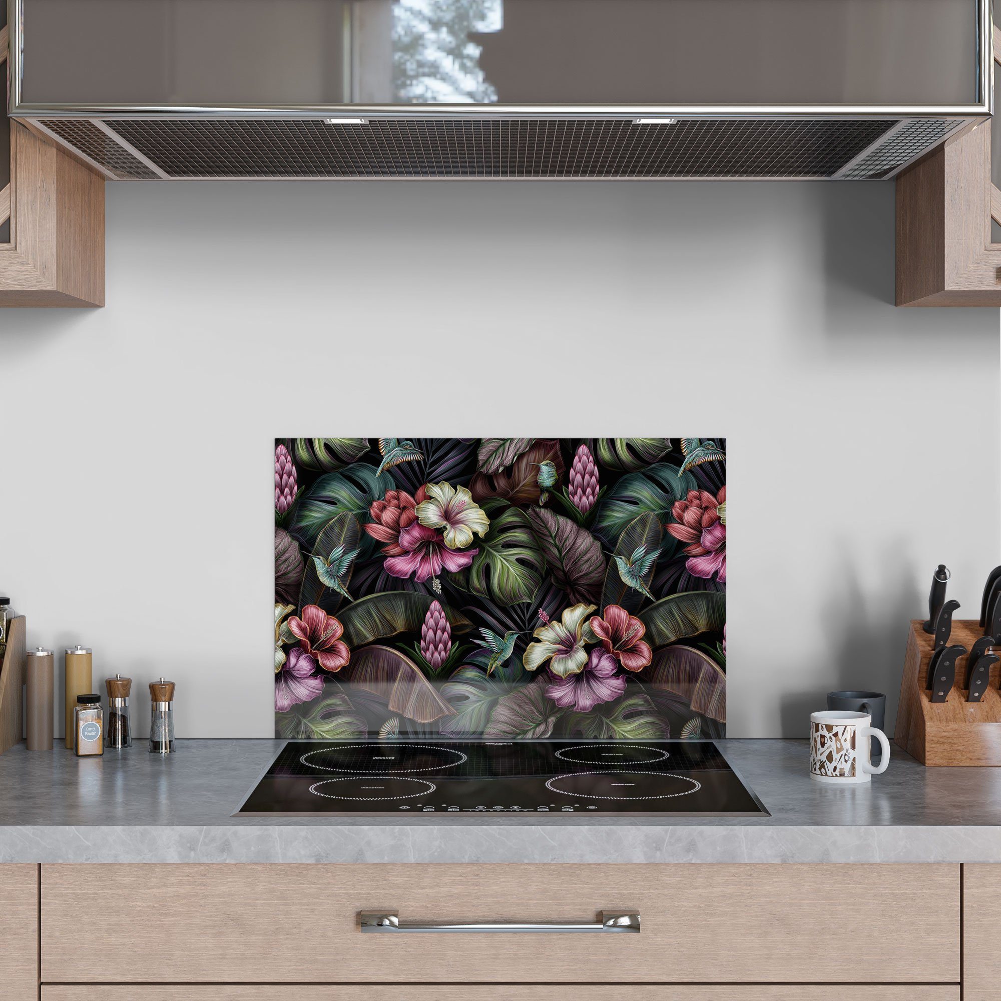 DEQORI Küchenrückwand 'Blüten, Blätter Glas und Herdblende Vögel', Badrückwand Spritzschutz