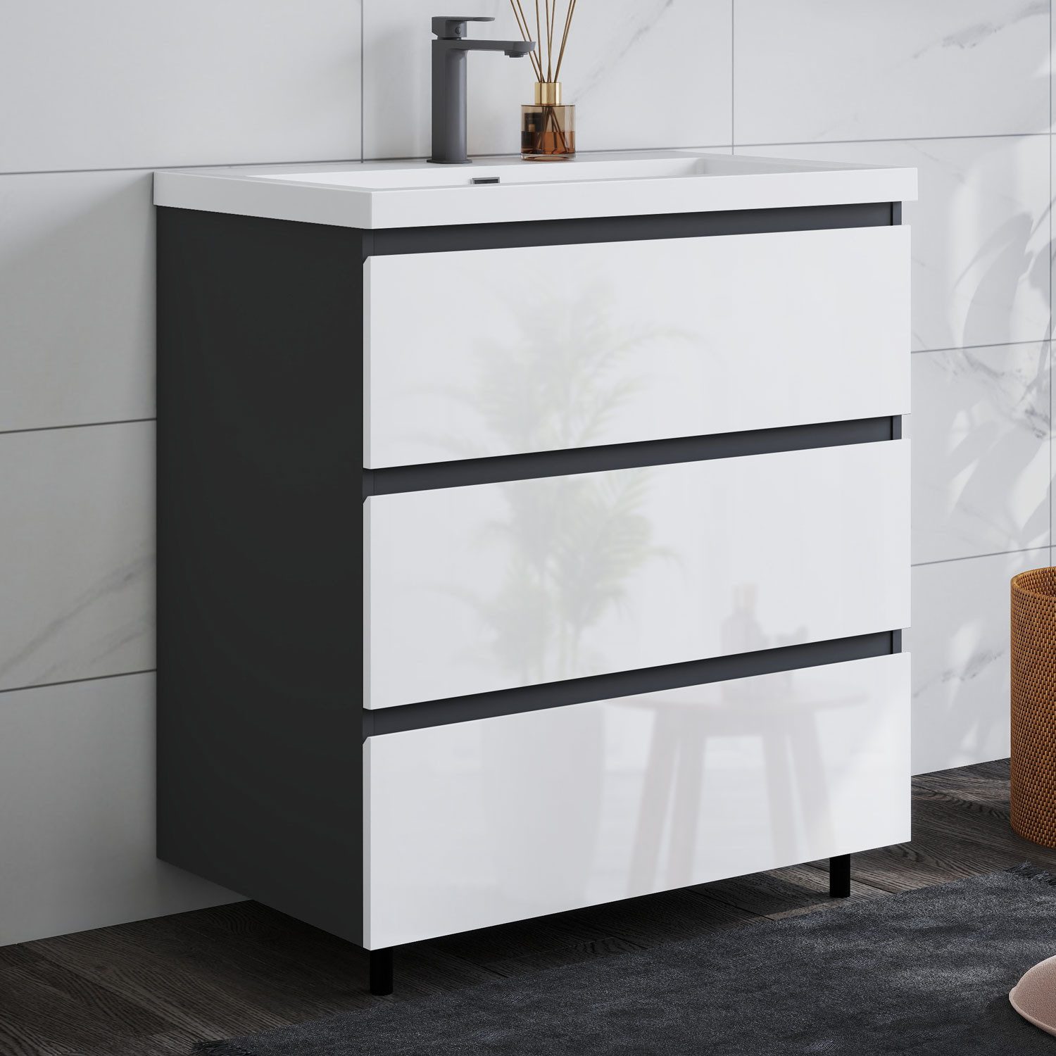 duschspa Waschtisch Badmöbel Set Waschbecken mit Unterschrank Badezimmer Möbel Schrank (Hängeschrank, mit Schrankfüße), 80/100cm breit