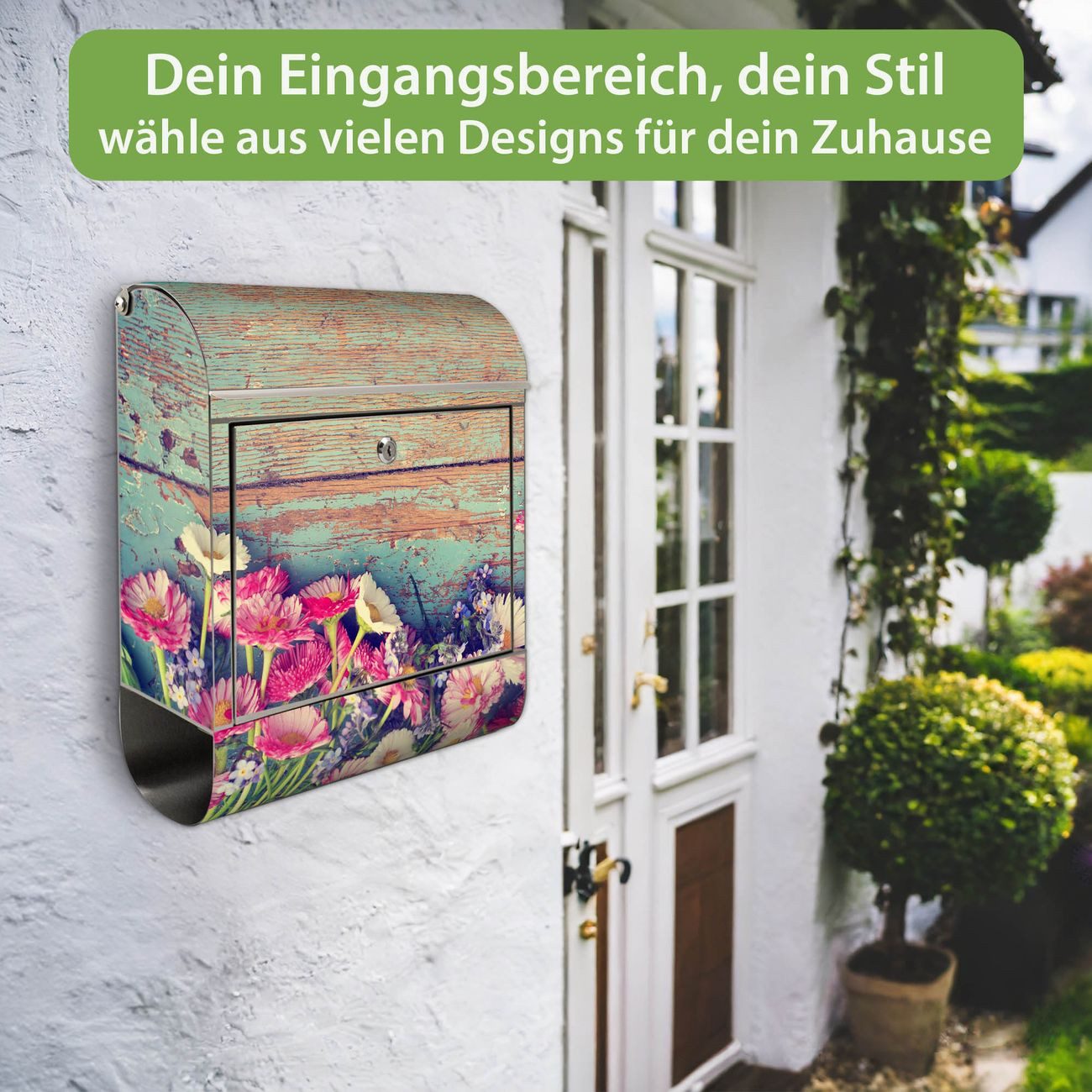banjado Wandbriefkasten Edelstahl mit Motiv Blumenpfücken (Wandbriefkasten groß, mit Zeitungsfach), 38 x 42,5 x12 cm