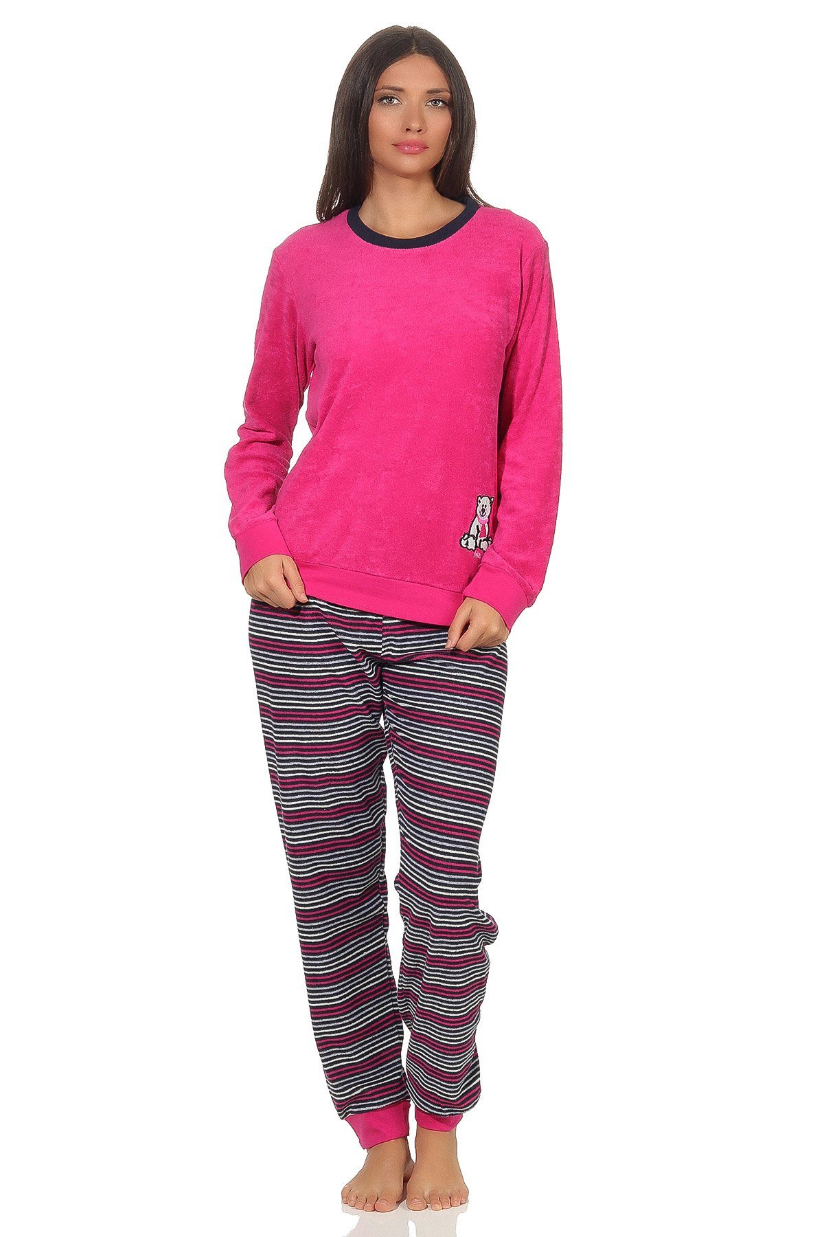 Normann Pyjama Damen Frottee Schlafanzug mit Bündchen und süsser Bär-Applikation pink