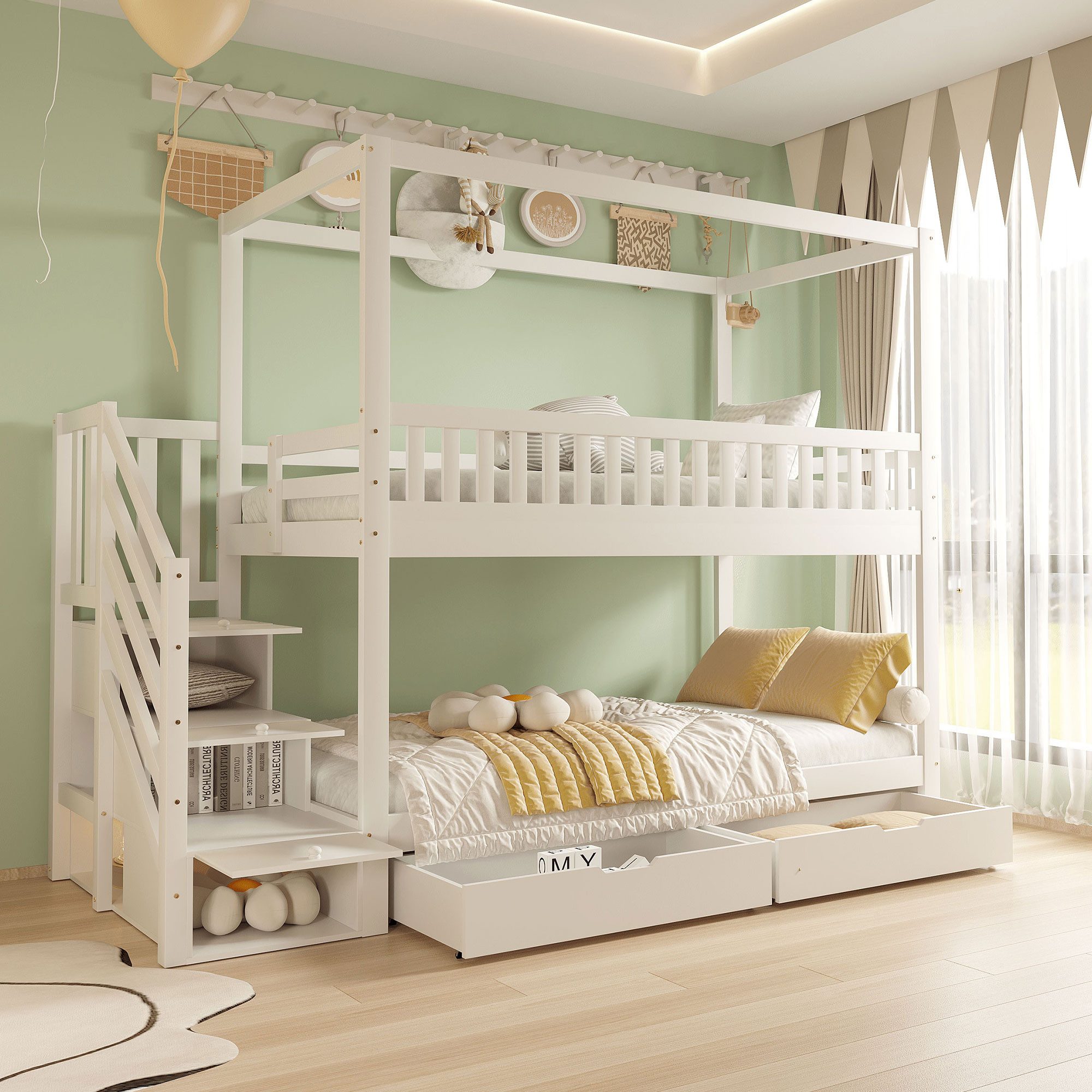 LVHOM Hochbett Kinderbett,90x200cm,Stauraum-Treppe,Unten mit 2 Schubladen, Massivholz (Etagenbett-Design mit Platz für ein Moskitonetz oben, Vollständiges Schutzgeländer, Tragfähigkeit 120kg, einfache Montage) besonders geeignet für Kinderzimmer in Familien mit mehreren Kindern