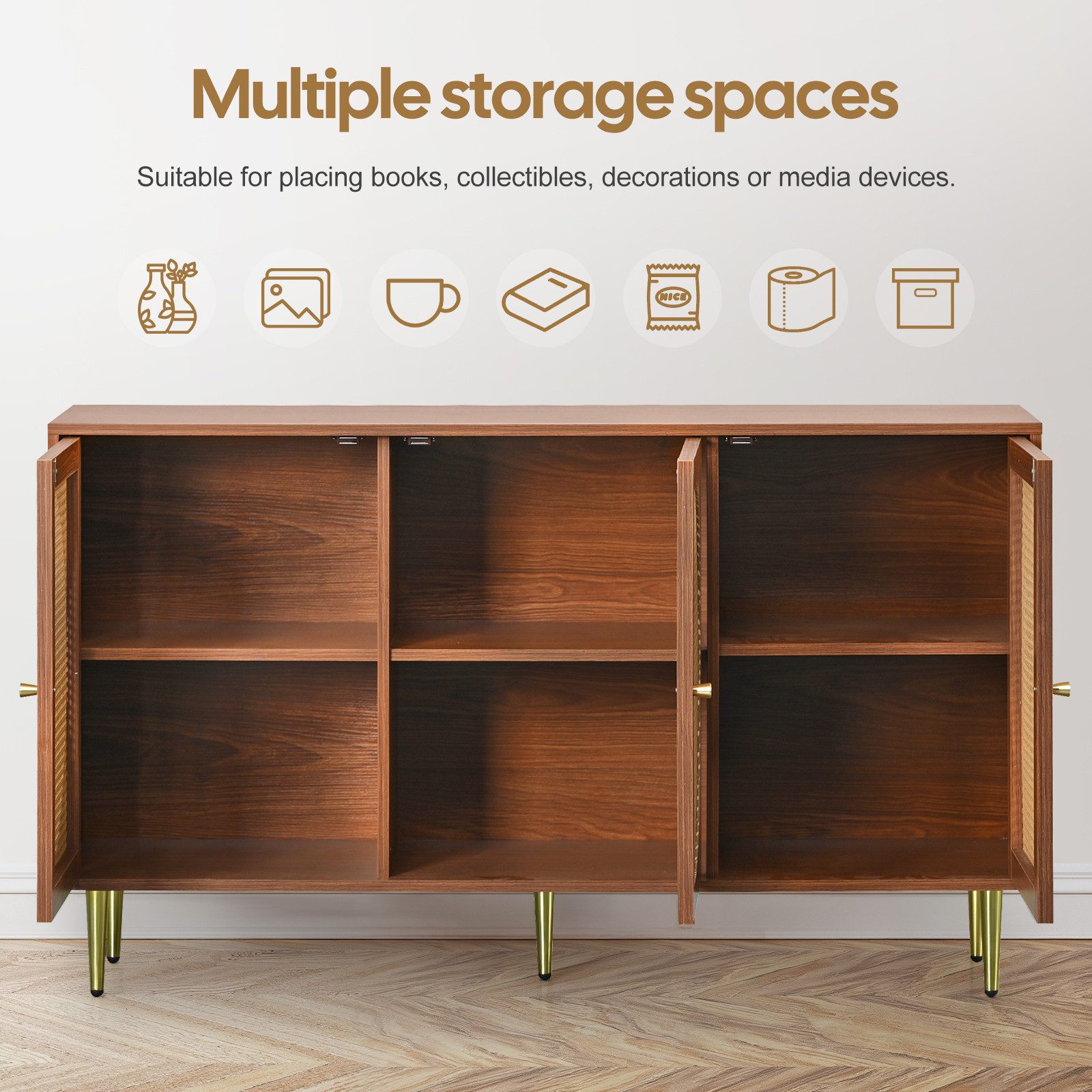 Yorbay Wohnzimmer-Set Sideboard + Schuhschrank Kombination aus Rattan, Walnussfarben
