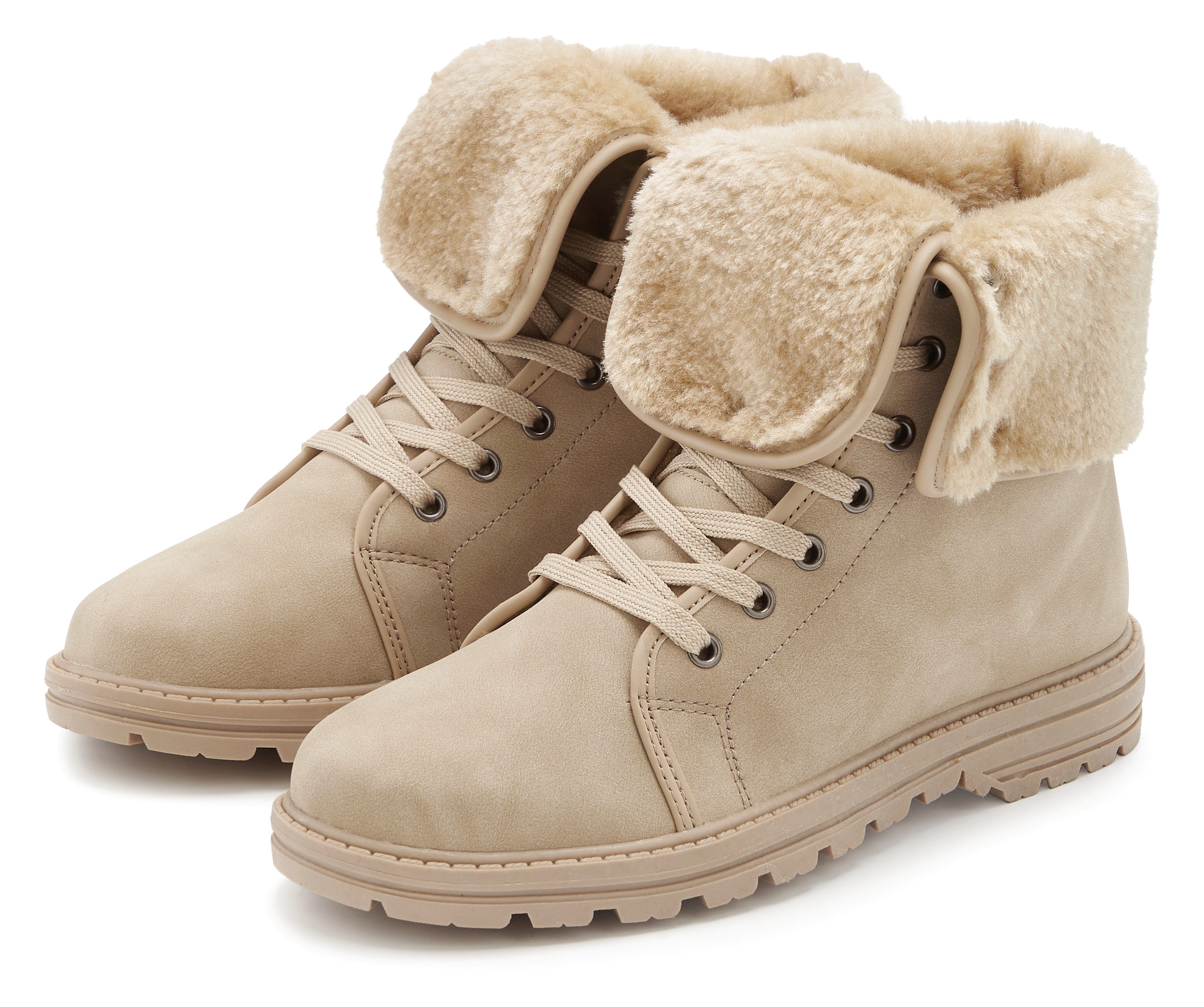LASCANA Boots, Stiefel, Stiefelette mit Fellimitat-Applikation VEGAN