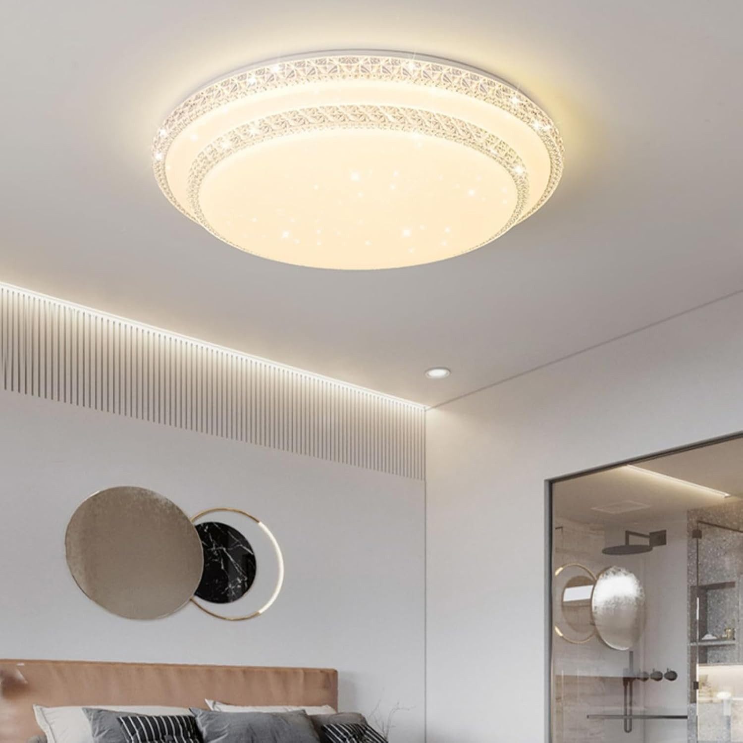 POPOLIC Deckenleuchte LED-Deckenleuchte, 3 Farben, dimmbar, runde LED-Aufbauleuchte, mit Fernbedienung, Kristallrand-Deckenleuchte