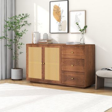 WISHDOR Sideboard Kommode (Kommode mit 3 Schubladen & 2 Türen, Anrichteschrank Rattan, Schrank modern Schubladenkommode mit Metallgriffe), für Schlafzimmer & Wohnräume & Büro