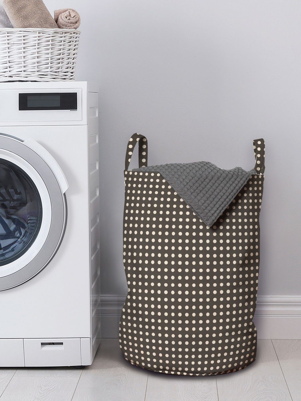 Wäschesäckchen mit Wäschekorb naturfarben Abakuhaus Inspired Tupfen Griffen für Waschsalons, Halbton Kordelzugverschluss