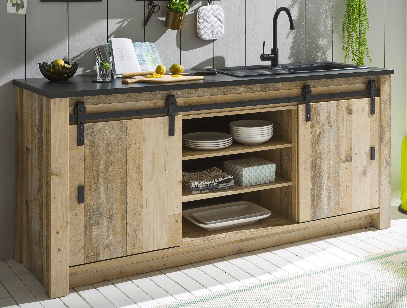 Furn.Design Küchenbuffet Stove (Küche in Used Wood, Set 7-teilig) mit Schwebetüren, inklusive Inselschrank
