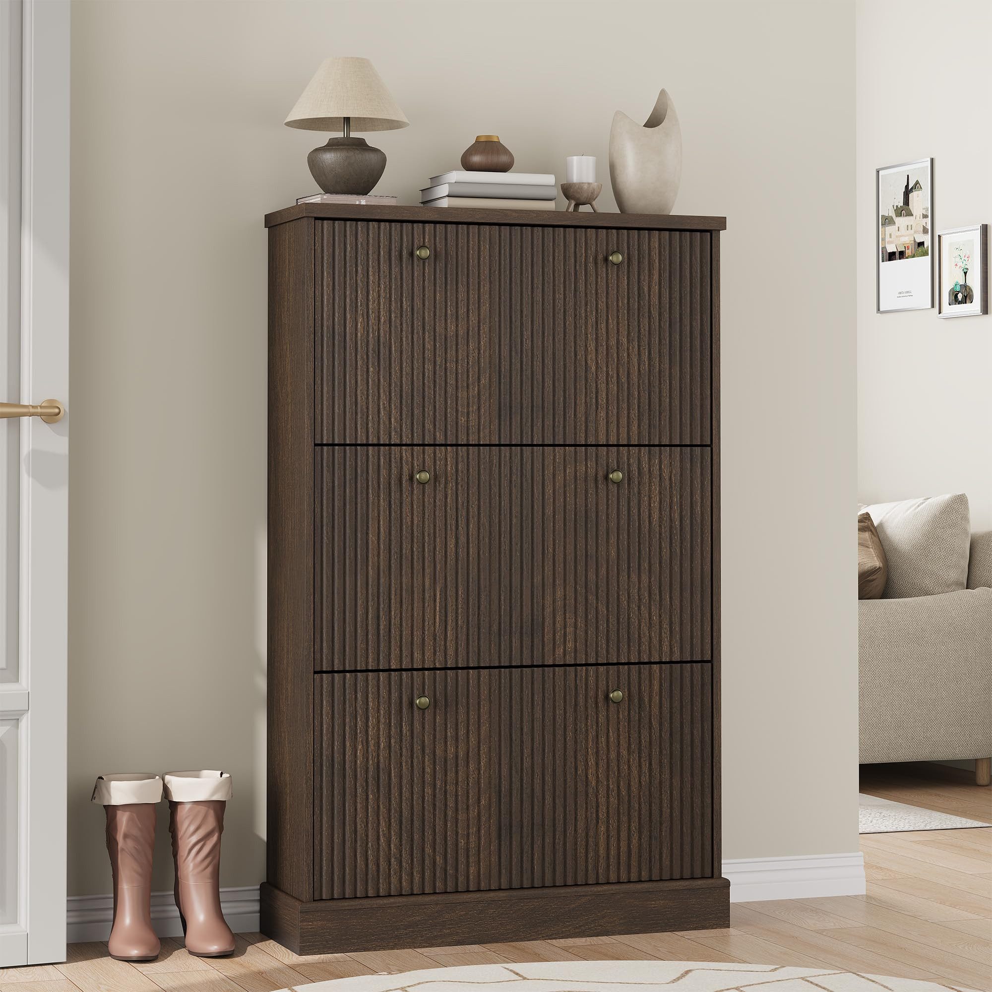 GarveeMore Schuhschrank Moderner Rillenprofil mit 3 Klappschubladen verstellbare Einlegeböden (1-St) (B80/T25/H129 cm) Schuhregal für 18–24 Paar Schuhe, für Flu – Bild 4 von 5
