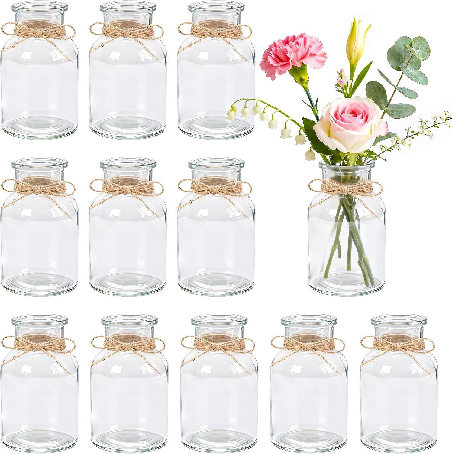 Refined Living Dekovase 12er Set Mini Glasvasen 125 ml,kleine Vasen mit Juteschnur,Blumenvasen (kleine Glasvasen, Vasen Set, Vasen für Hochzeit & Restaurantdeko, Trockenblumenvasen, Glasvasen für Tischdeko, Tischvasen, DIY Tischdeko, 12 St., Blumenvasen für Hochzeit, Geburtstag, Party & festliche Tischdeko), Dekovasen für Frischblumen, Trockenblumen & kreative DIY-Deko