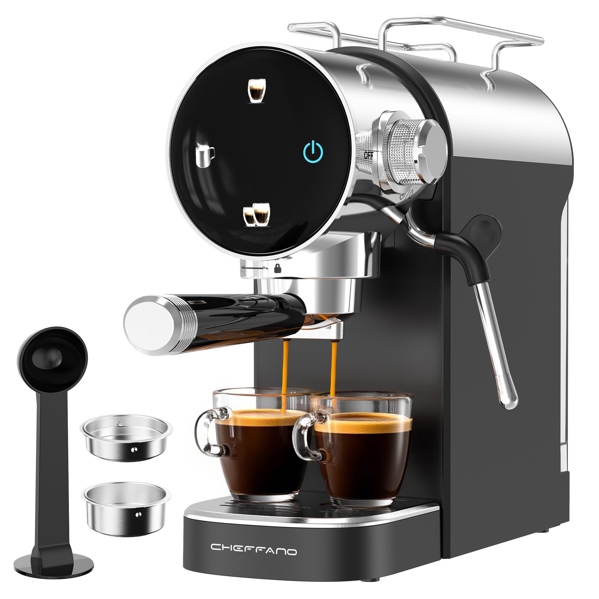 CHEFFANO Espressomaschine 20Bar mit Milchaufschäumer, Touchpanel & Wassertank, 5.5cm, Extraktion