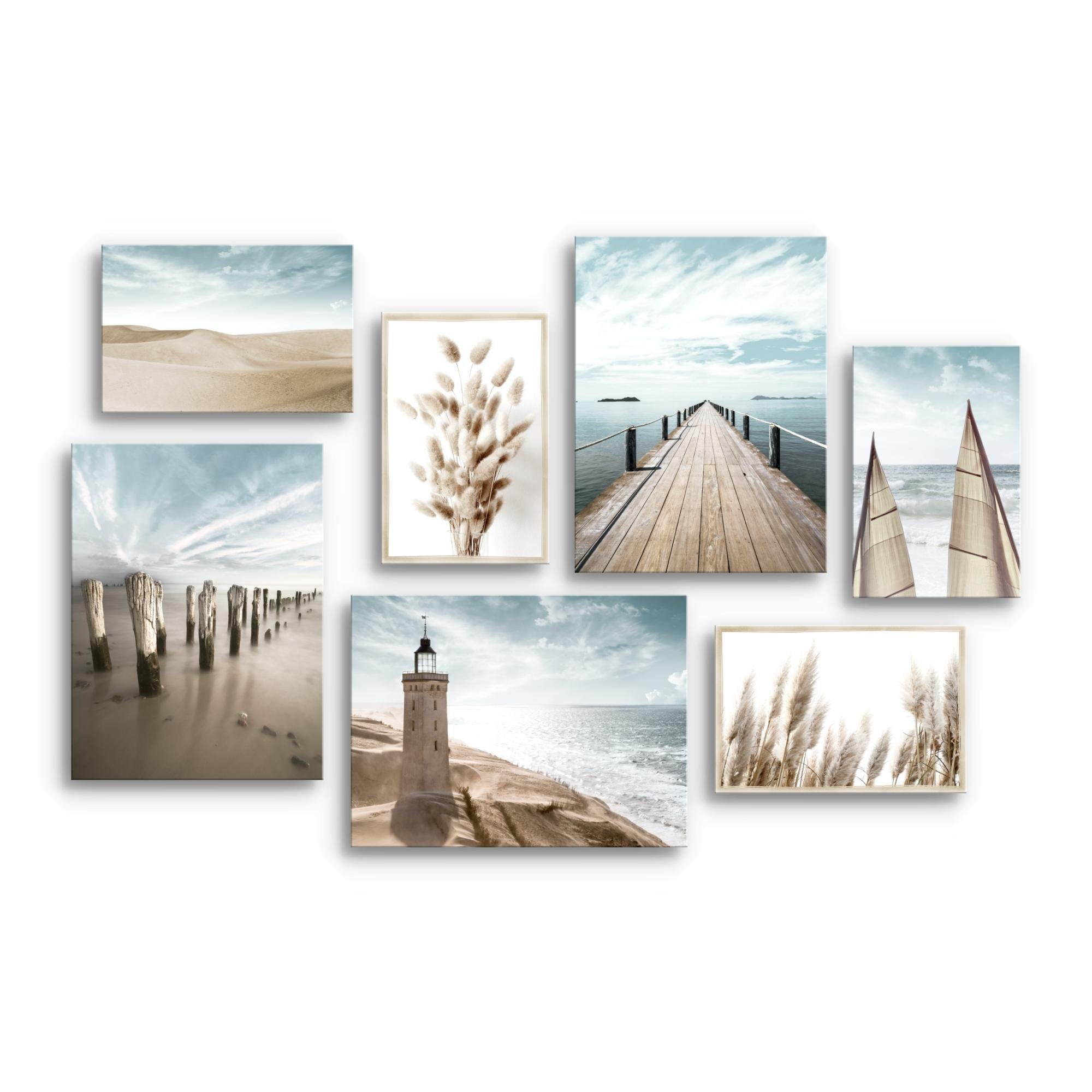 Novart Wandbild Strand Meer Leuchtturm Wohnzimmer Bilder Set Blau Beige, 7T günstig online kaufen
