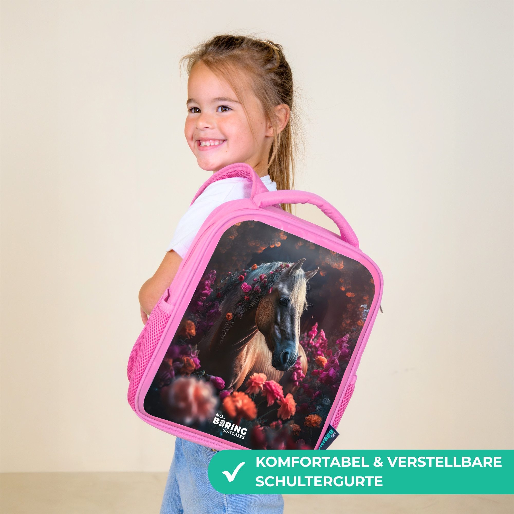 NoBoringSuitcases.com© Rucksack Rosa - Lila - Pferd - Blumen, Kinderrucksack, Schulrucksack, Freizeitrucksack, Mädchen, Kindergarten