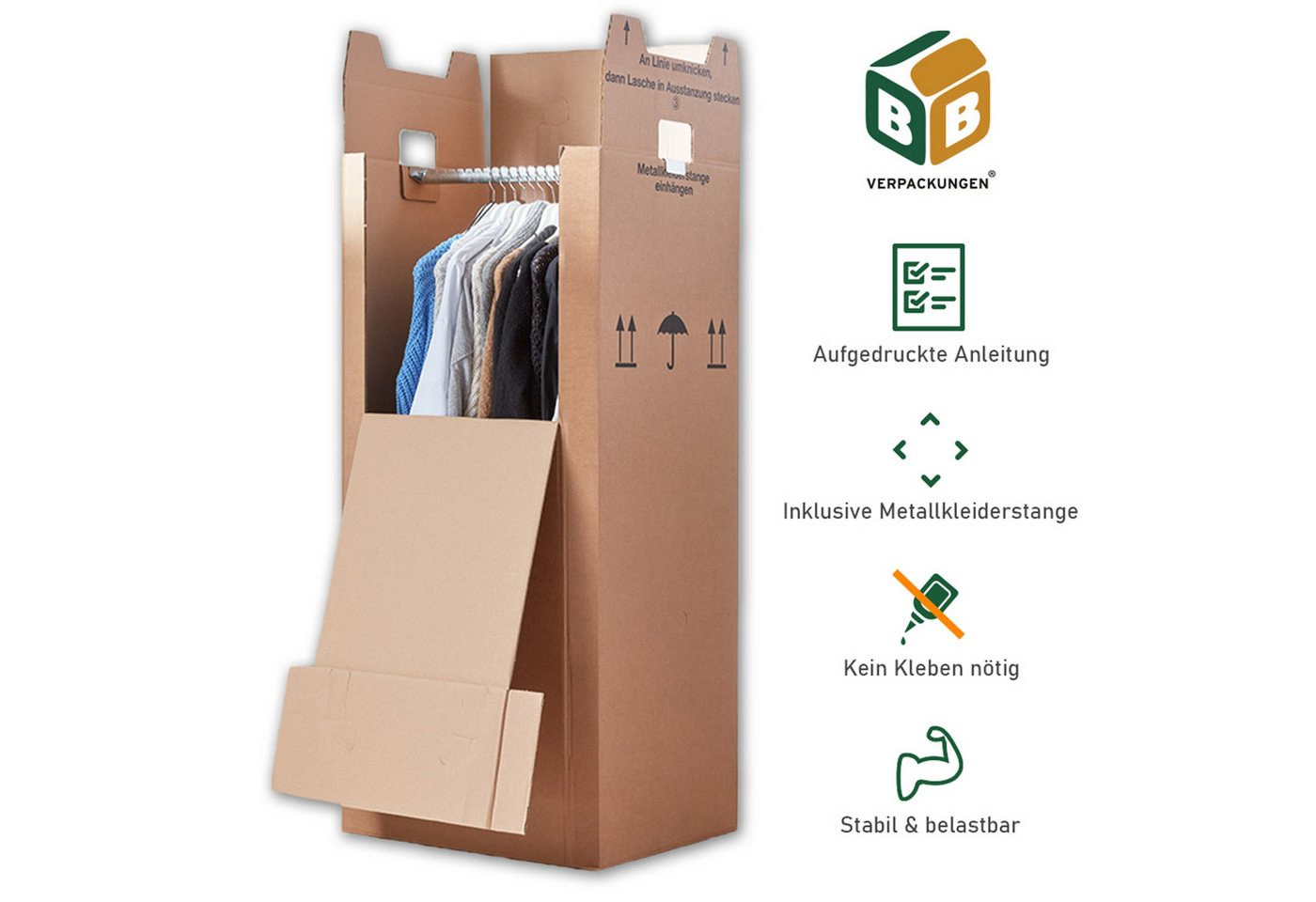 Thumbnail - BB-Verpackungen Umzugskarton Kleiderbox, 2-wellig, 40kg Traglast, 600 mm x 510 mm x 1350 mm
