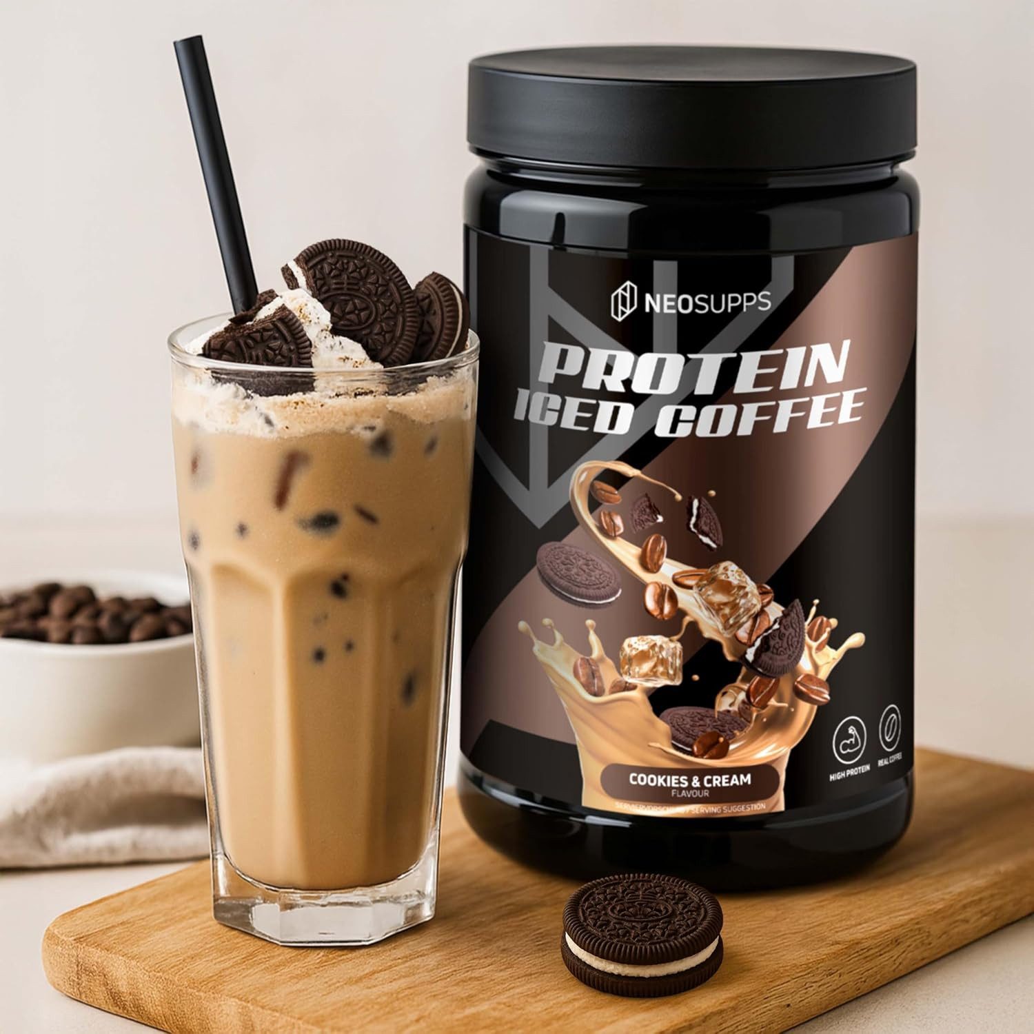 Neosupps Protein Iced Coffee Cookies & Cream 500g, Eiweißkaffee mit 20g Protein Pulver, 500 g, 80mg Koffein pro Portion, Protein Drink mit Kaffee & Cookie-Stückchen