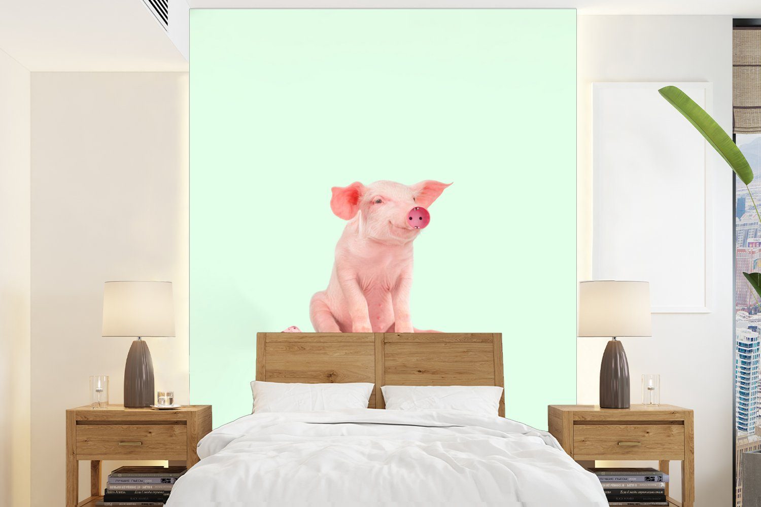 MuchoWow Fototapete Schwein - Rosa - Sockel - Tiere, Matt, bedruckt, (4 St), Montagefertig Vinyl Tapete für Wohnzimmer, Wandtapete