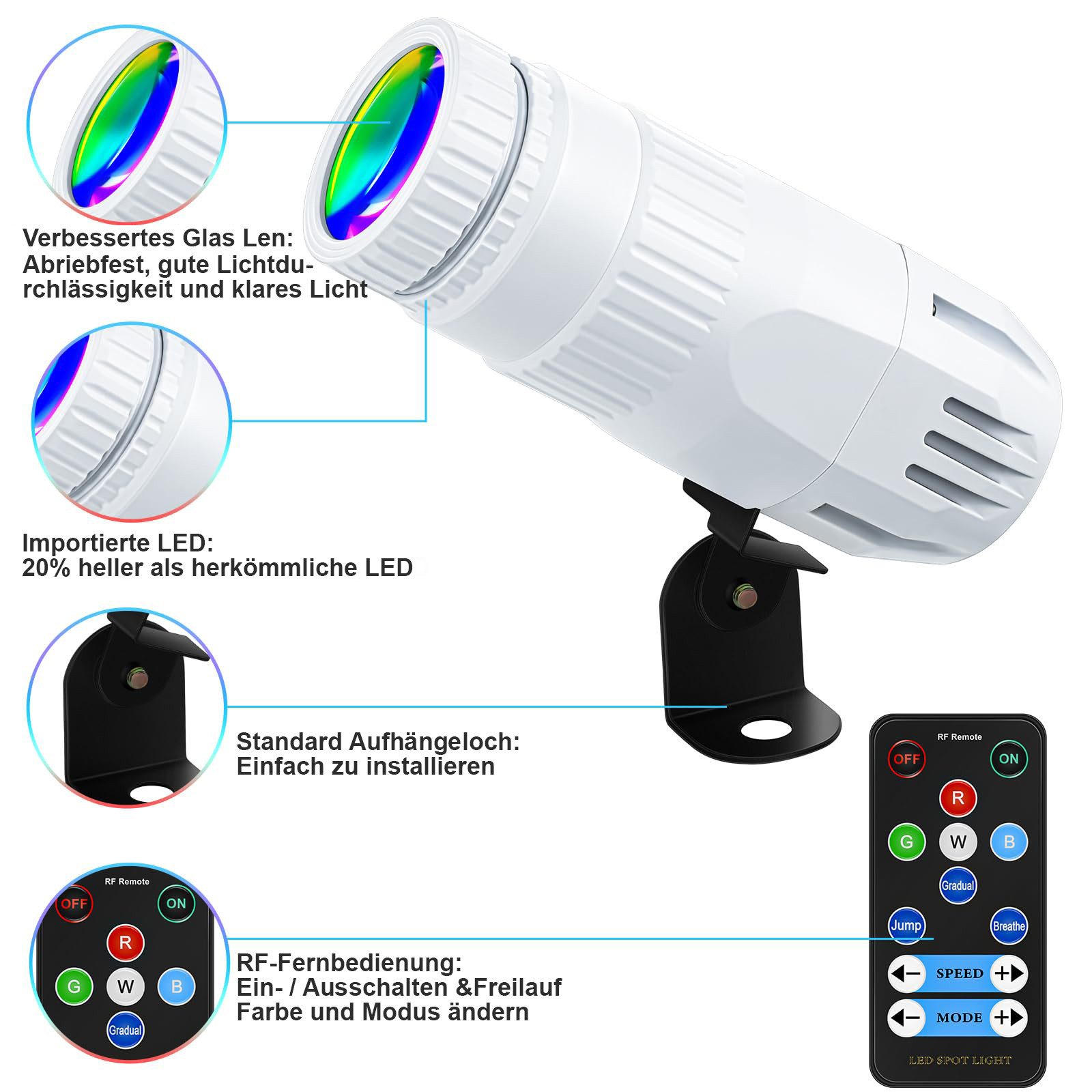 MUPOO LED Discolicht LED Pinspot Licht mit Fernbedienung, 4-in-1 LED Beam Spot Lichter, 15W RGBW LED Beam Bühnenlicht,für DJ Disco Party Bar Club