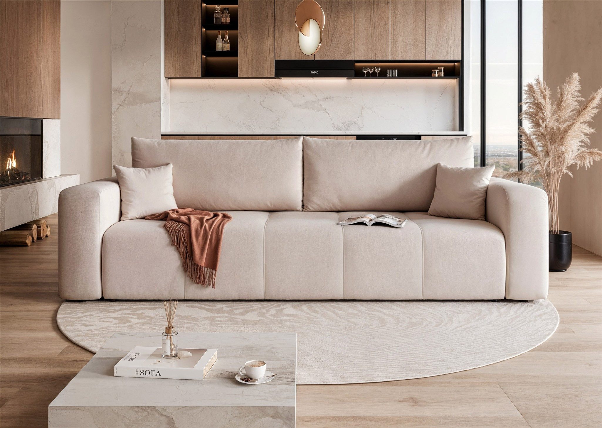 Fun Möbel 3-Sitzer Sofa Schlafsofa LEROS in Stoff Manila, mit 2 Rückenkissen und 2 Zierkissen, Bettkasten, Rücken echt bezogen