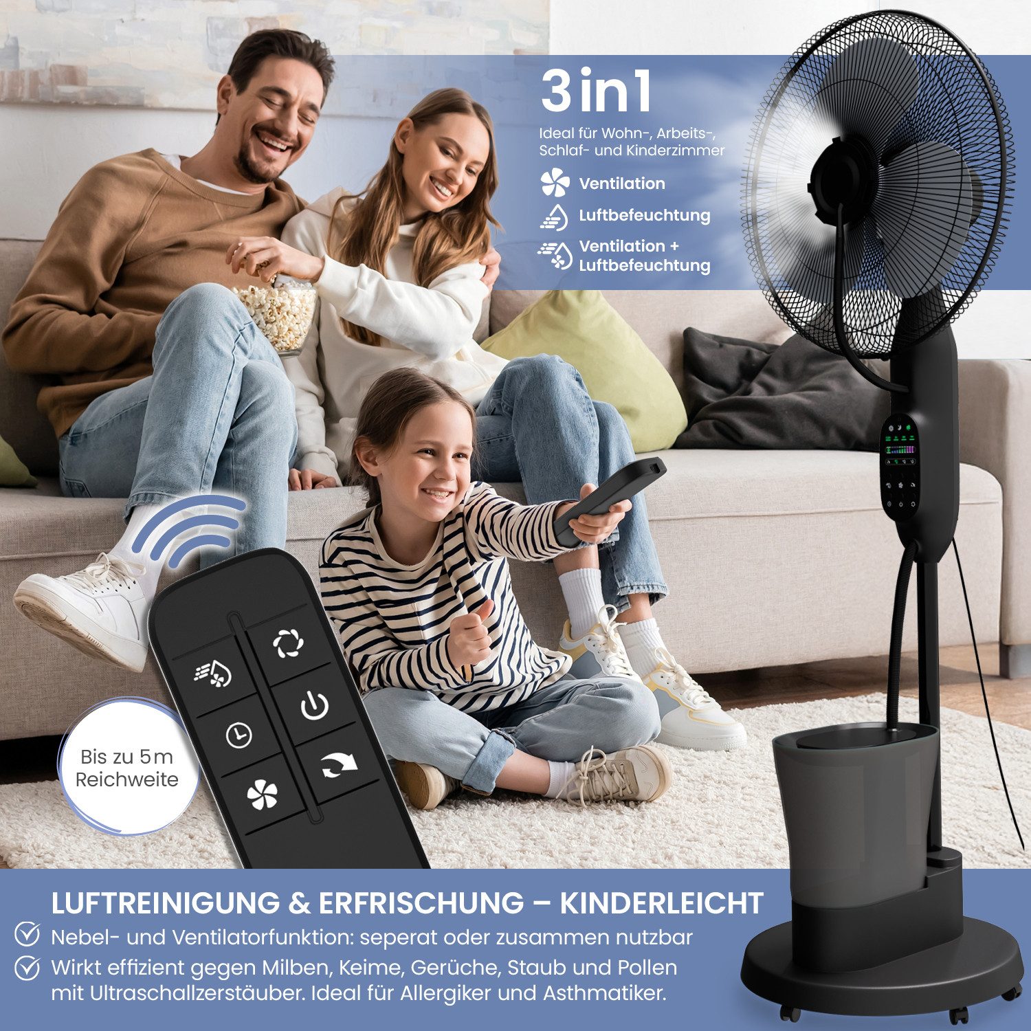 aktimeo Standventilator mit Luftbefeuchtung, Timerfunktion, Bodenrollen & Fernbedienung, Wassertank, Schwenk- und Neigefunktion, Nebel- und Ventilatorfunktion