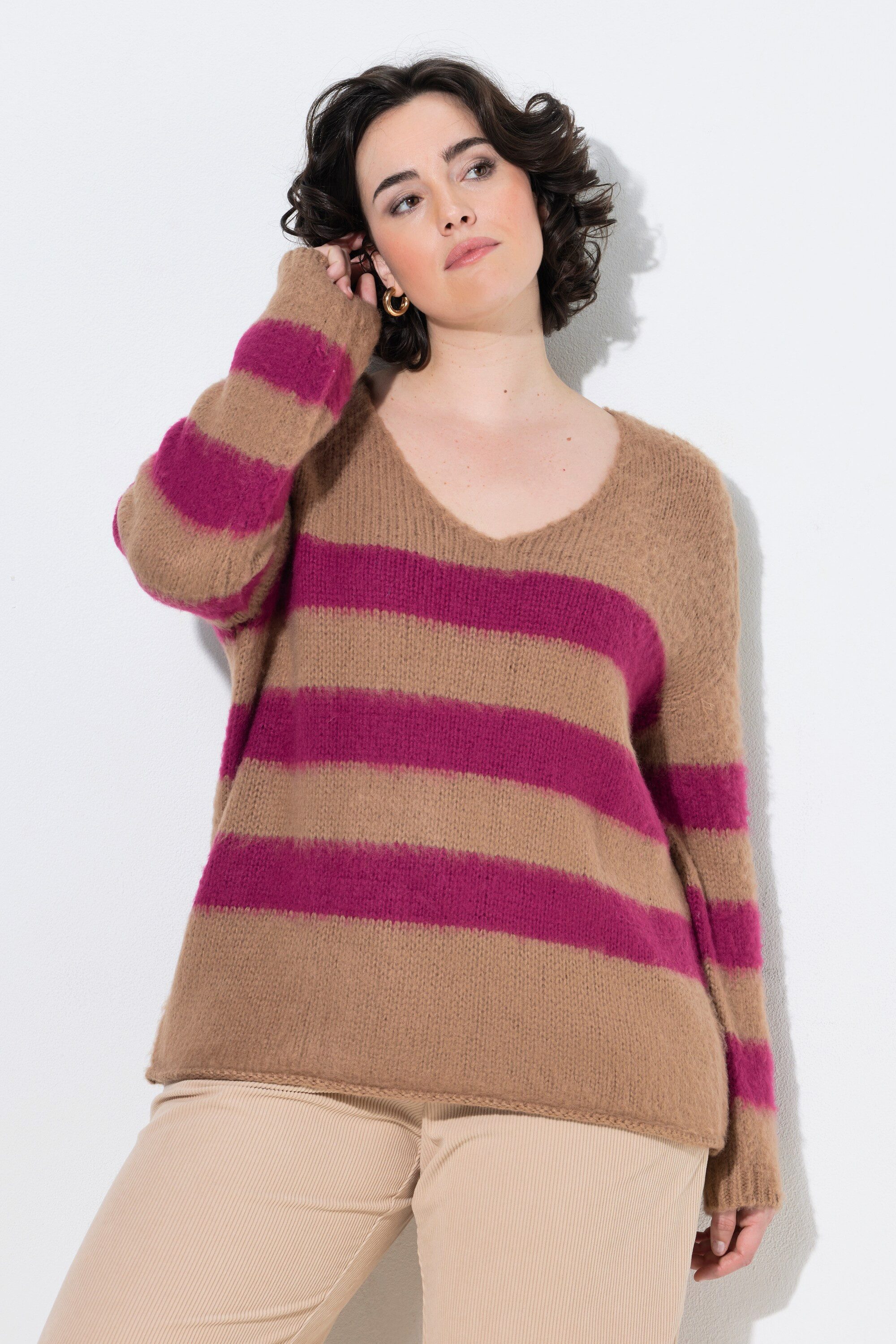 Ulla Popken Fleecepullover Pullover Blockstreifen V-Ausschnitt Langarm