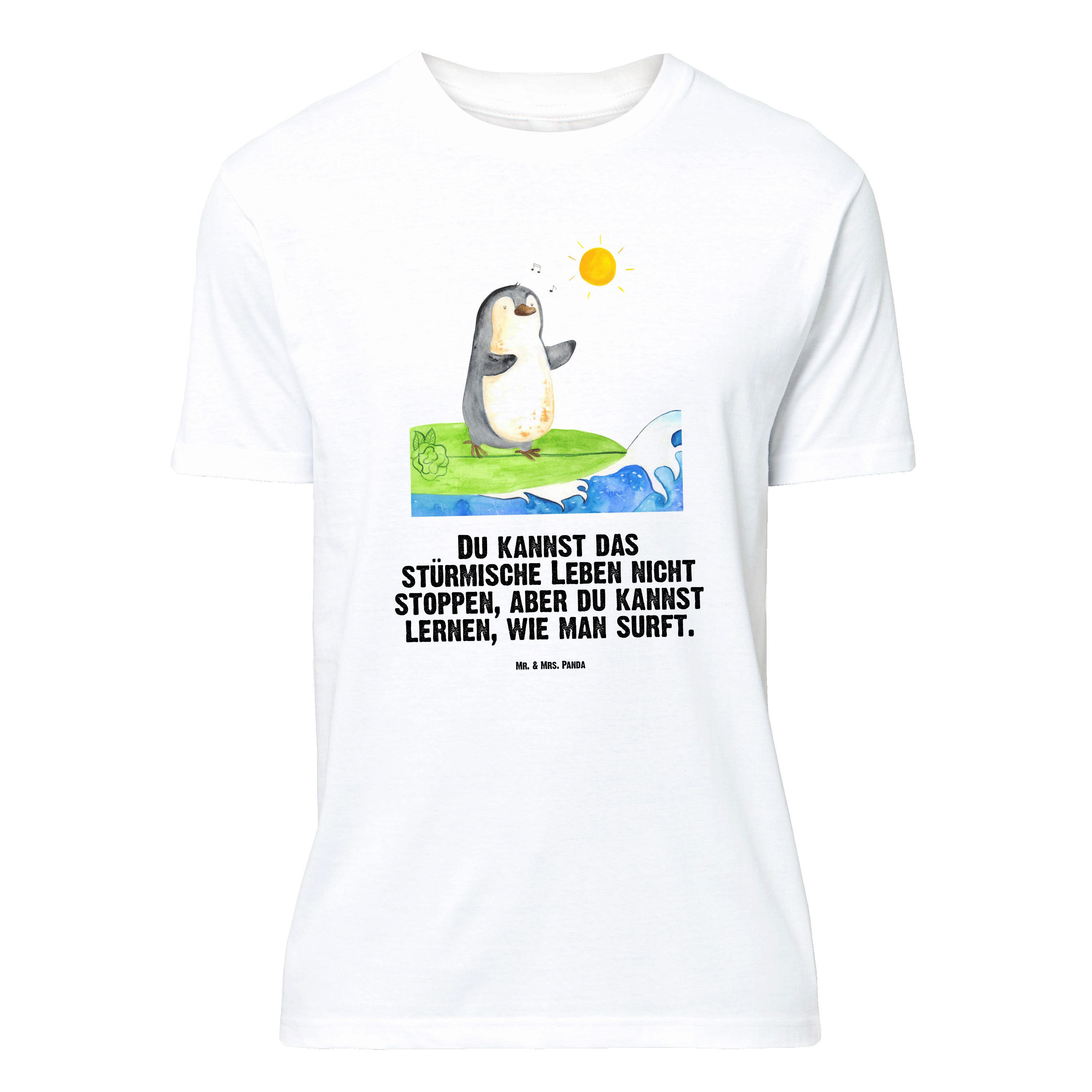 Mr. & Mrs. Panda T-Shirt Pinguin Surfer - Weiß - Geschenk, Tshirt, Damen, Sprüche, Wellen reit (1-tlg)