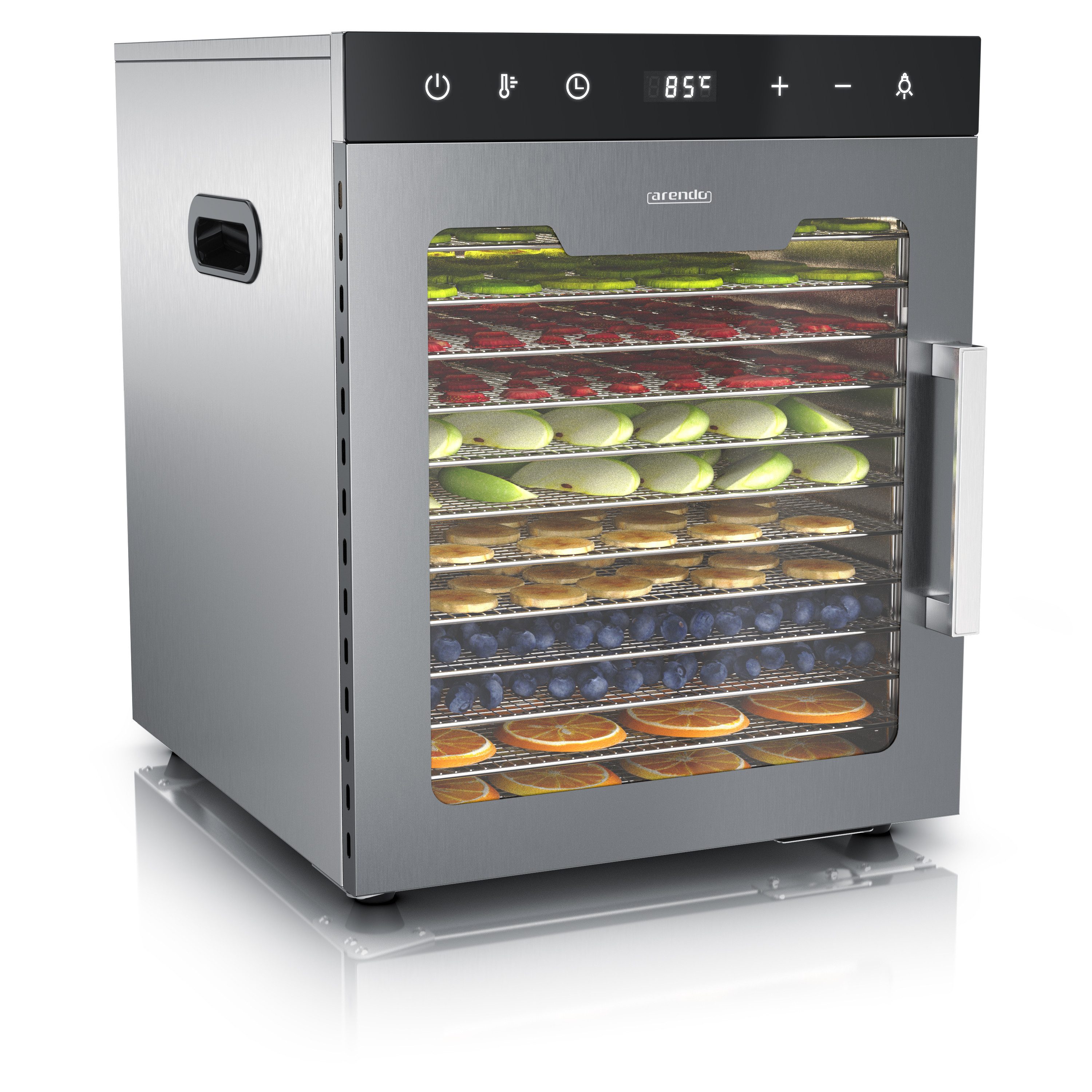 Arendo Dörrautomat Edelstahl, Temperaturregler von 30° bis 90°C, Dörrgerät, Dehydrator 800 W, 12 Etagen, Obst, Fisch, Fleisch Dörrapparat, Obsttrockner, Timer 0,5-24 Stunden