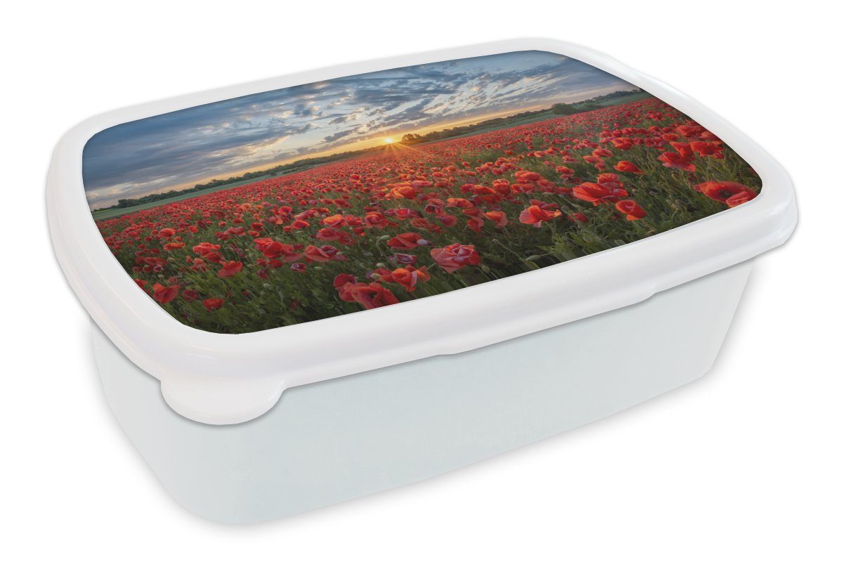 (2-tlg), Rot, Jungs Lunchbox MuchoWow Mädchen Kinder Mohn Erwachsene, Kunststoff, und und für Blumen Brotbox weiß Brotdose, - für -