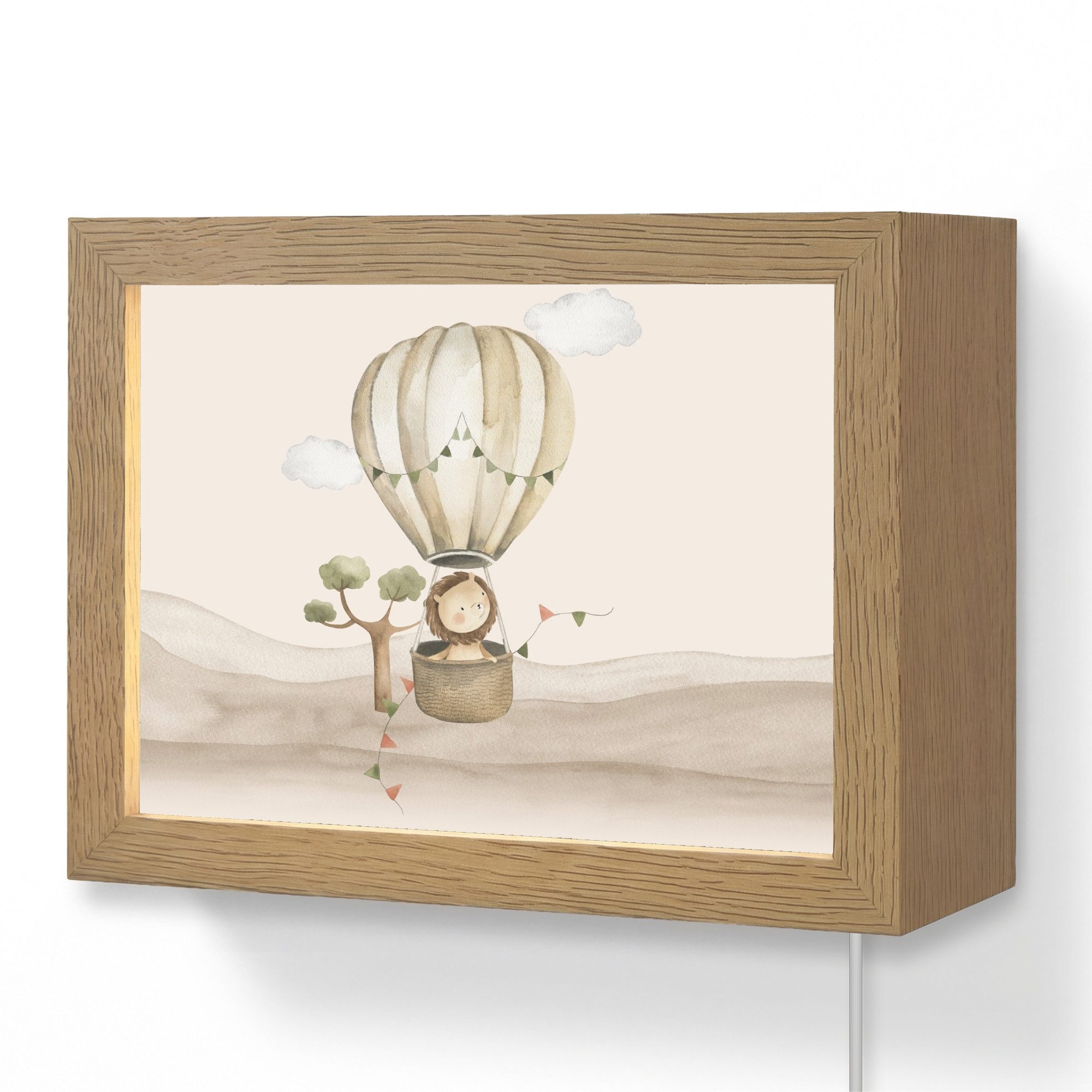 OnlyWow Wandleuchte Lightbox Heißluftballon - Löwe - Aquarell - Safari - Tiere - Jungen, Dimmbar, Farbwechsel, LED, Warmweiß, Kaltweiß, Neutralweiß Einstellbar, Wandlampe Innen, Dimmbar, mit Kabel, LED, Modern, Kinder