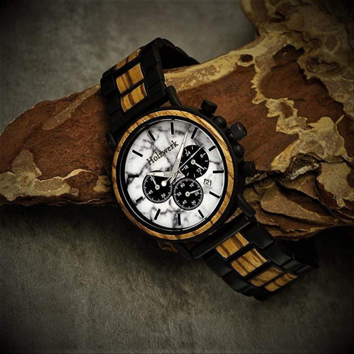 Holzwerk Chronograph & schwarz, Uhr Holz weiß in BEILSTEIN Armband Edelstahl Herren