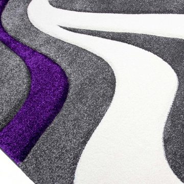Teppich Wellenmuster Designer Teppich in lila grau& weiß, pflegeleicht, Teppich-Traum, rechteckig