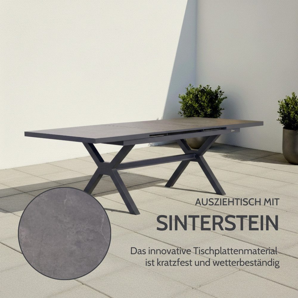Liadomo Gartentisch Benevento, Esstisch für den Garten, Ausziehtisch, Outdoortisch (Verlängerungsplatte integriert), 200/260x100 cm, Synchronauszug, Sinterstein-Tischplatte, X-Gestell