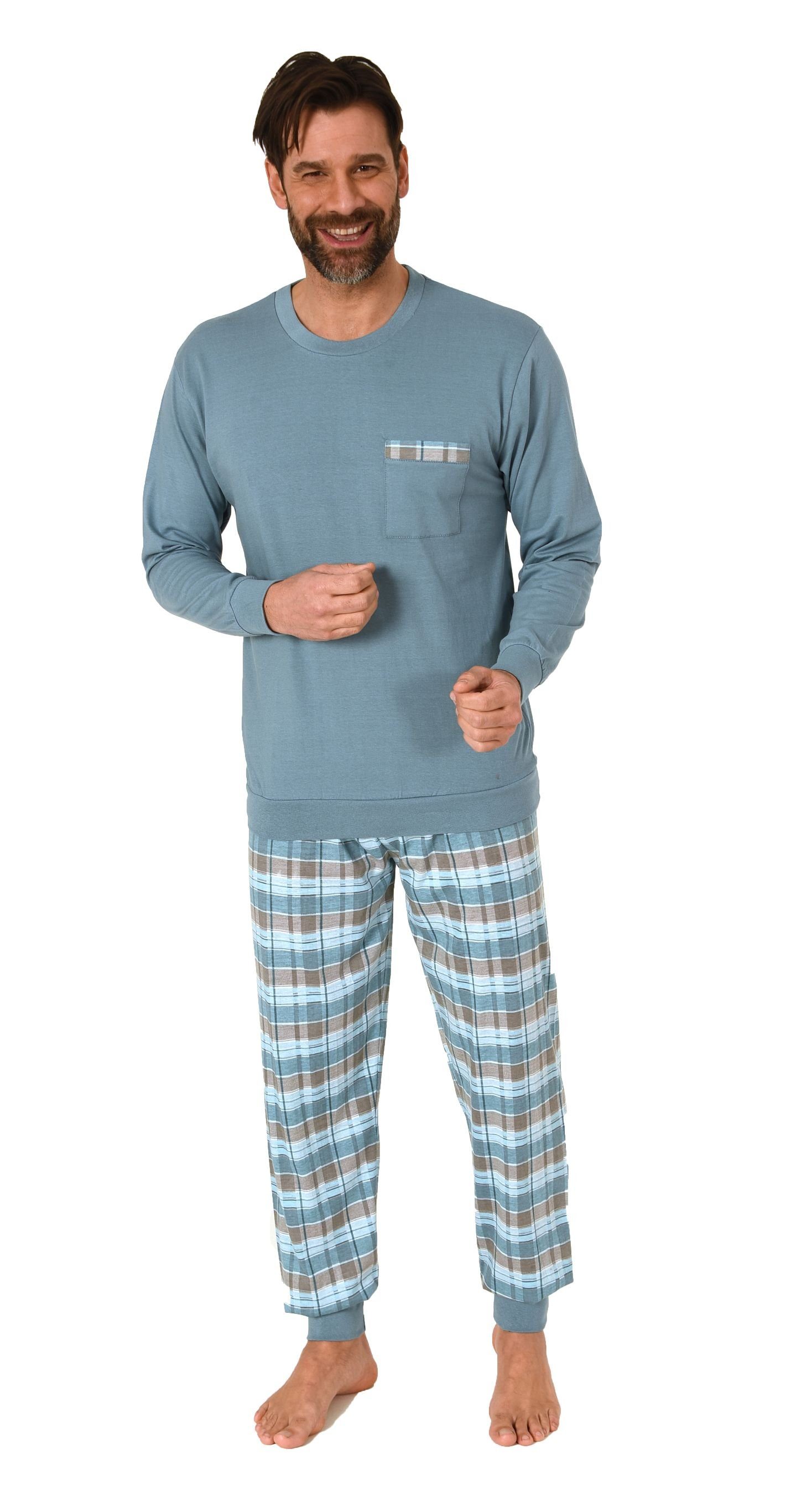 Normann Pyjama Herren langarm Schlafanzug mit Bündchen und karierter Jersey günstig online kaufen