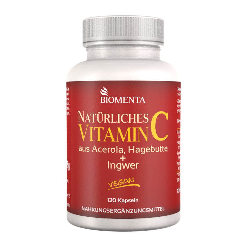 BIOMENTA Natürliches Vitamin C - 120 Hagebutte - Acerola Kapseln + Ingwer Kapseln, 95 g